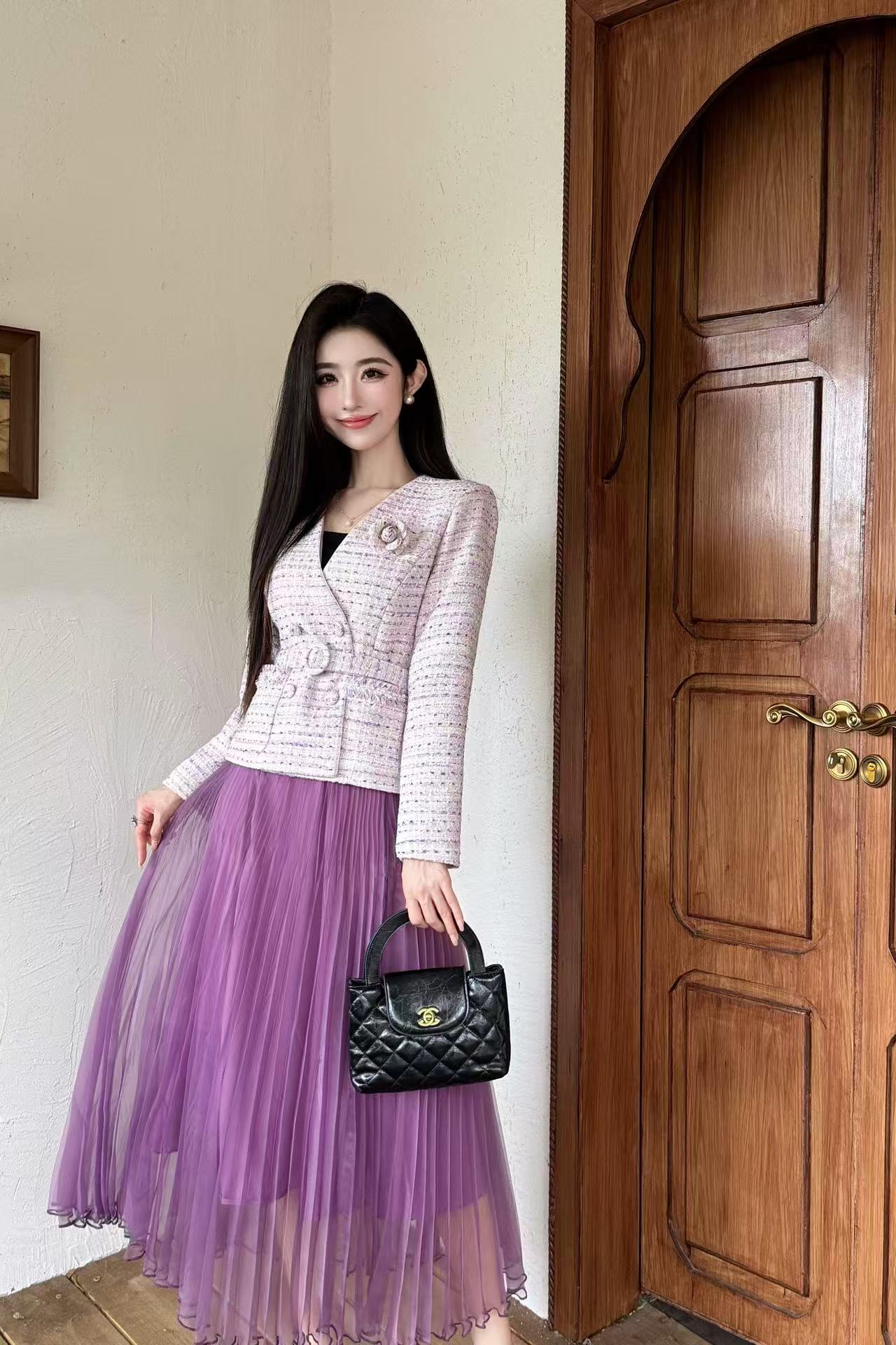 CHANE1 高級カメリアジャケット+スカート ツーピースセット【50％割引+送料無料】