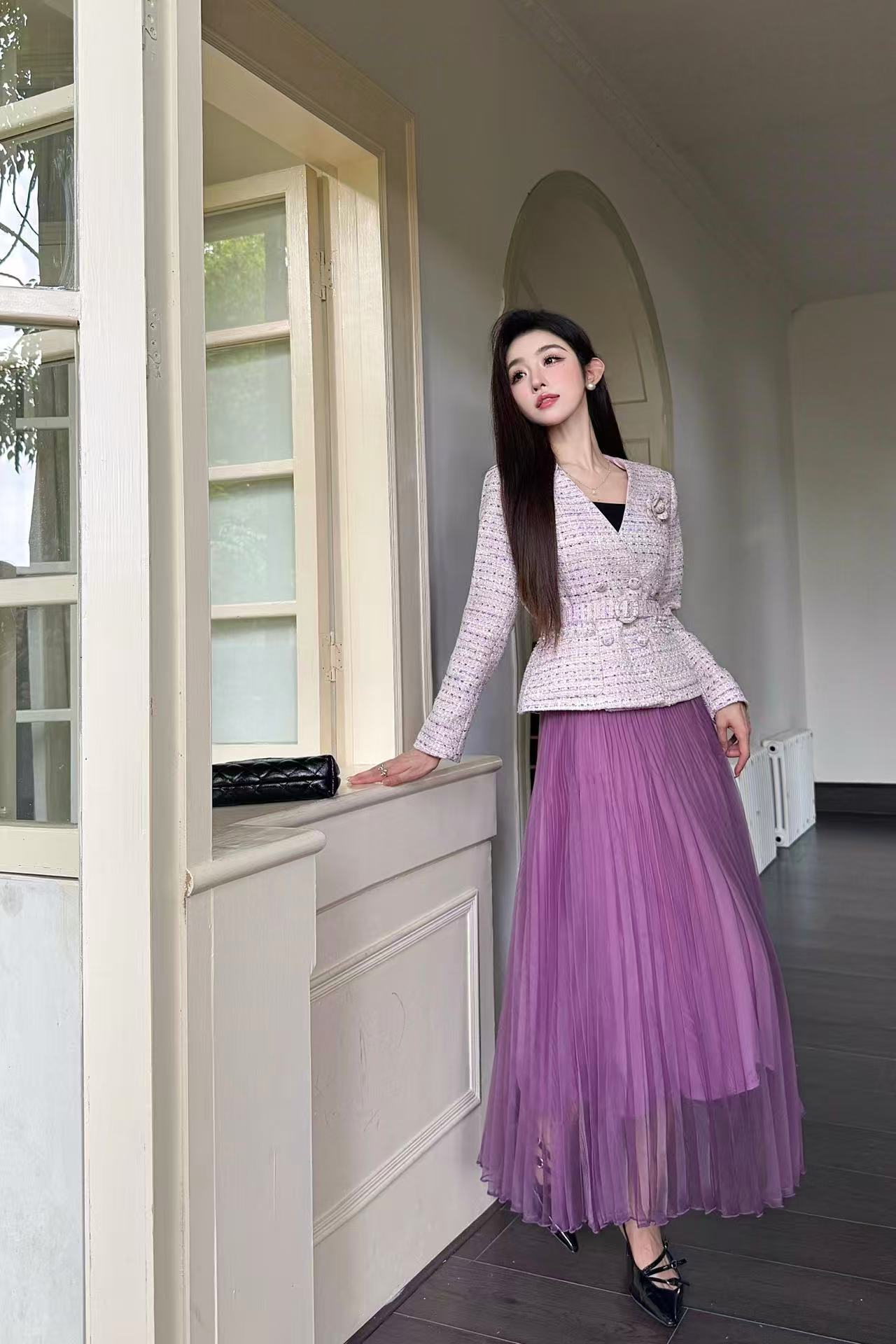 CHANE1 高級カメリアジャケット+スカート ツーピースセット【50％割引+送料無料】