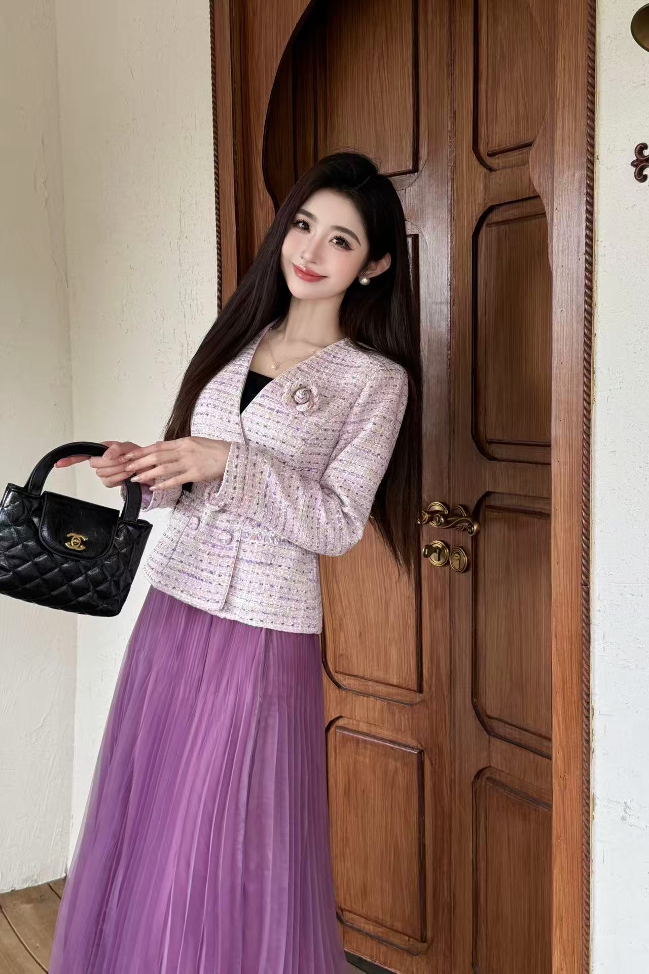 CHANE1 高級カメリアジャケット+スカート ツーピースセット【50％割引+送料無料】