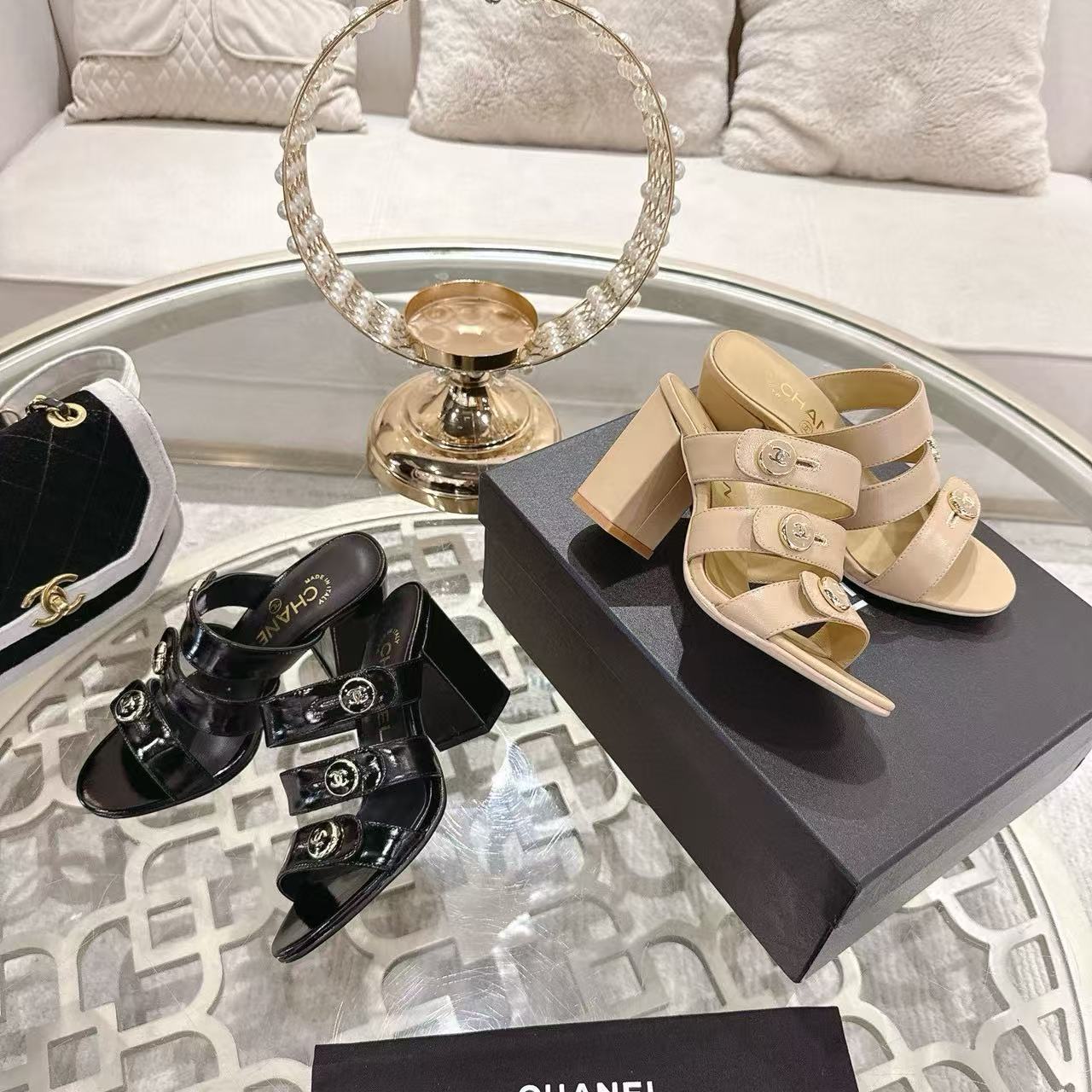 CHANE1高品質ラムスキン ダブルC ハイヒール【50％割引+送料無料】