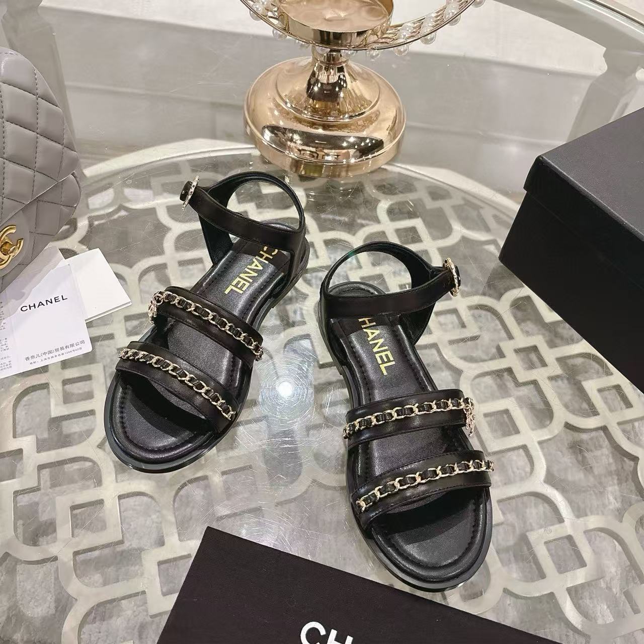CHANE1 高品質シープスキンチェーンフラットサンダル【50％割引+送料無料】