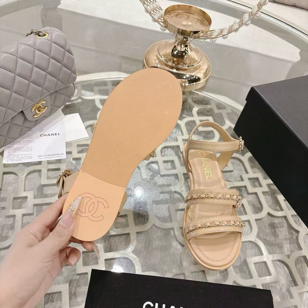 CHANE1 高品質シープスキンチェーンフラットサンダル【50％割引+送料無料】