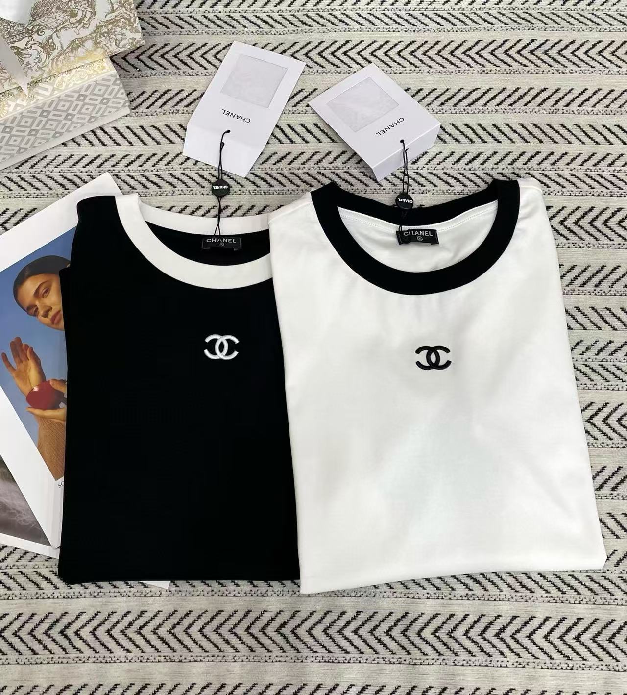 CHANE1 シンプル ブラック&ホワイト ダブルC Tシャツ【50%割引+送料無料】