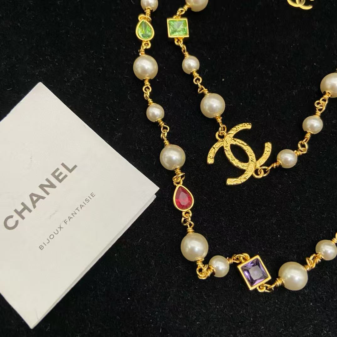 CHANE1 カラーダイヤモンド ダブルC パール セーターネックレス【50%割引+送料無料】