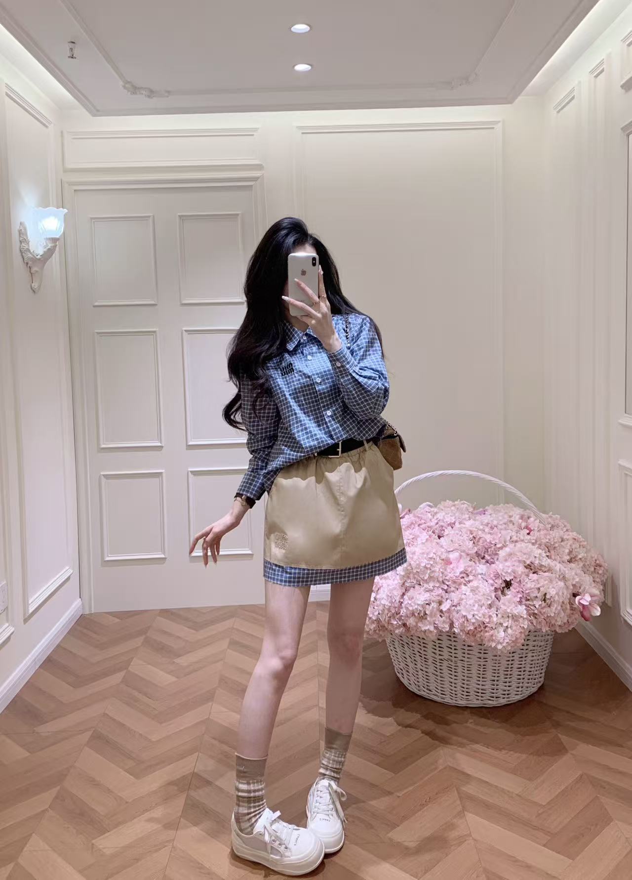 M1UM1U チェックシャツとスカートのツーピースセット【50％割引+送料無料】