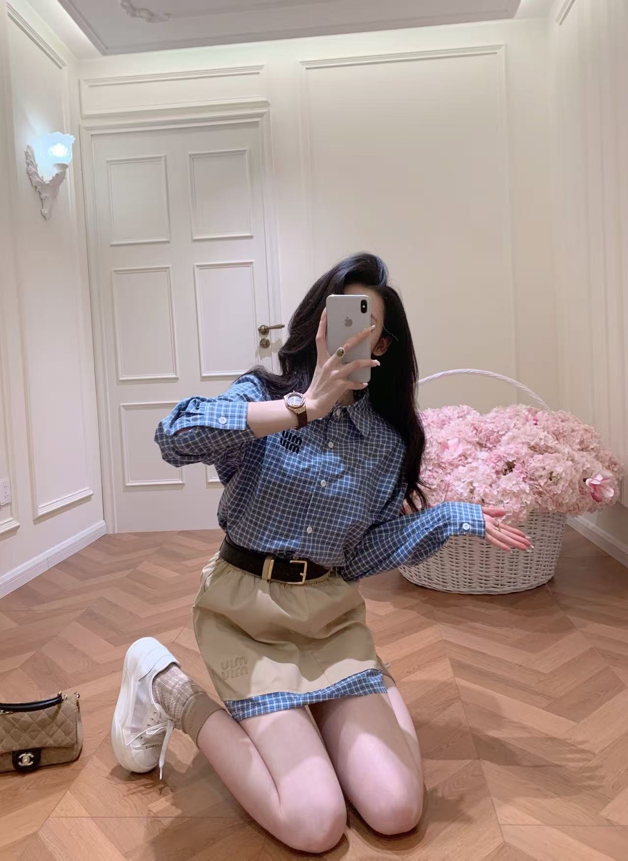 M1UM1U チェックシャツとスカートのツーピースセット【50％割引+送料無料】