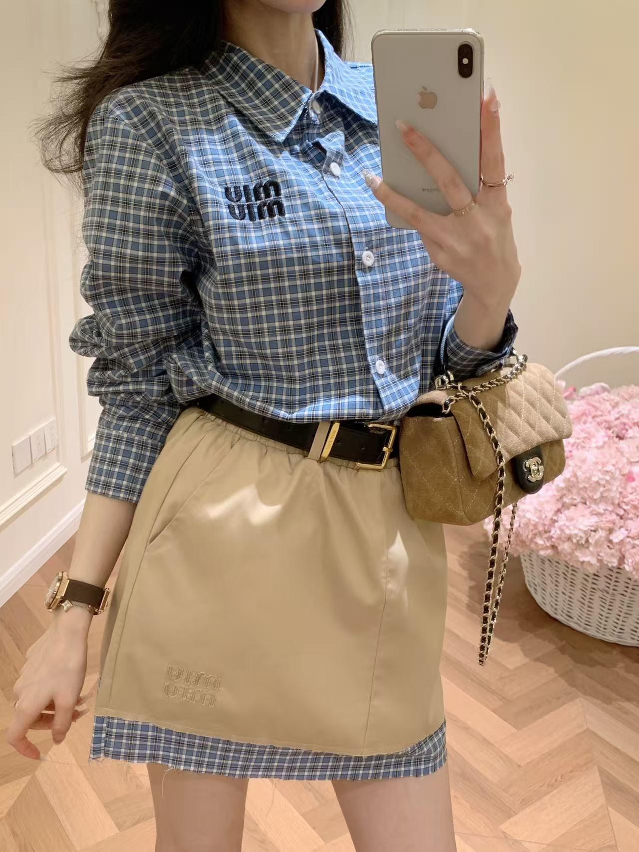 M1UM1U チェックシャツとスカートのツーピースセット【50％割引+送料無料】
