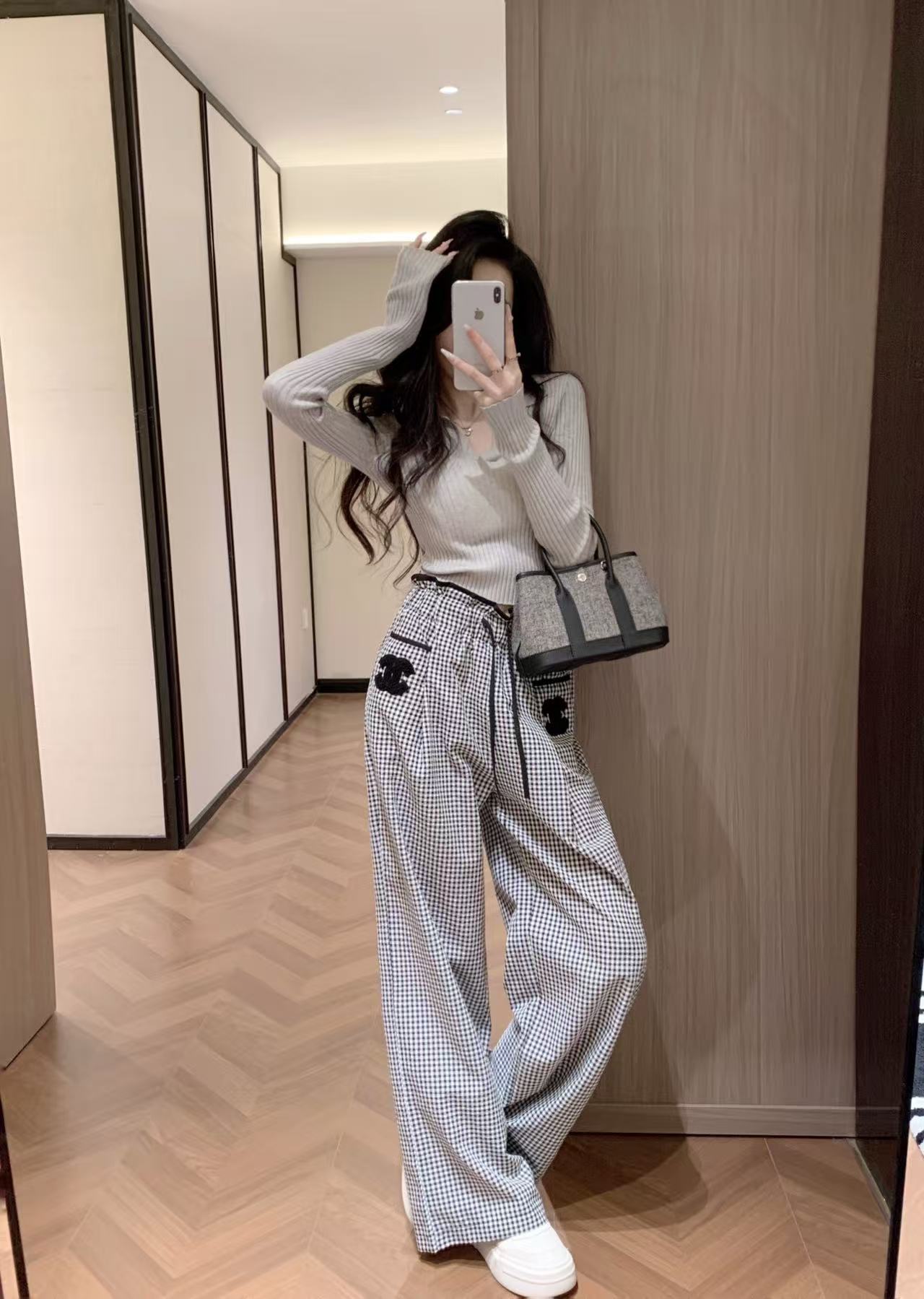 CHANE1 ダブルC チェック ドローストリング カジュアルパンツ【50％割引+送料無料】