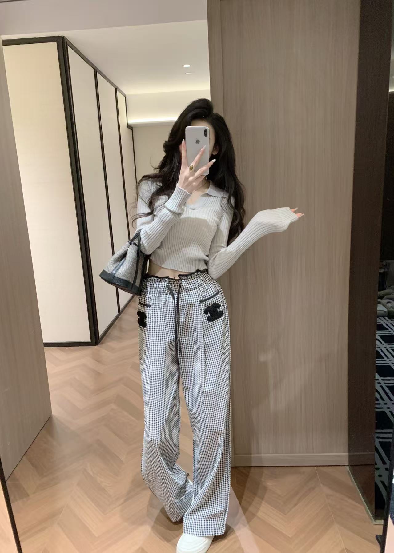 CHANE1 ダブルC チェック ドローストリング カジュアルパンツ【50％割引+送料無料】