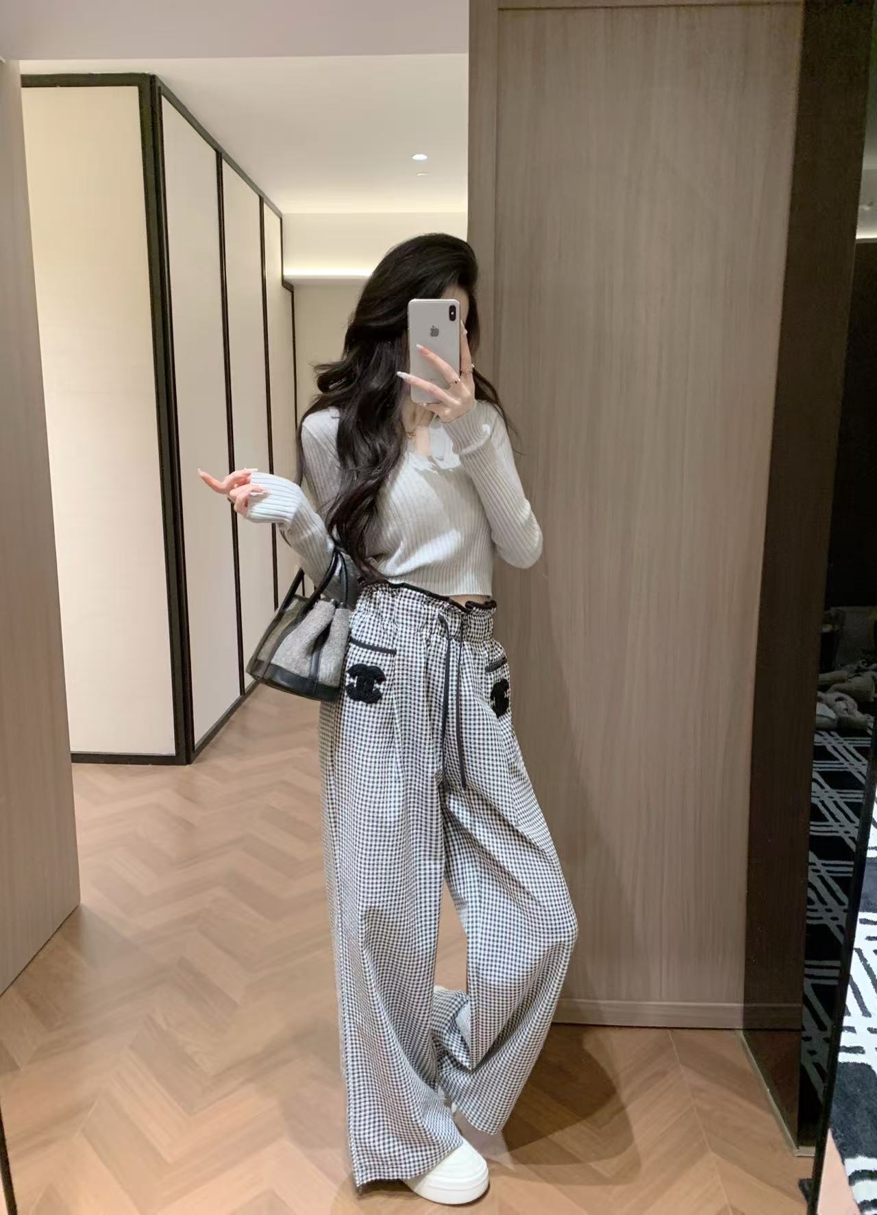 CHANE1 ダブルC チェック ドローストリング カジュアルパンツ【50％割引+送料無料】