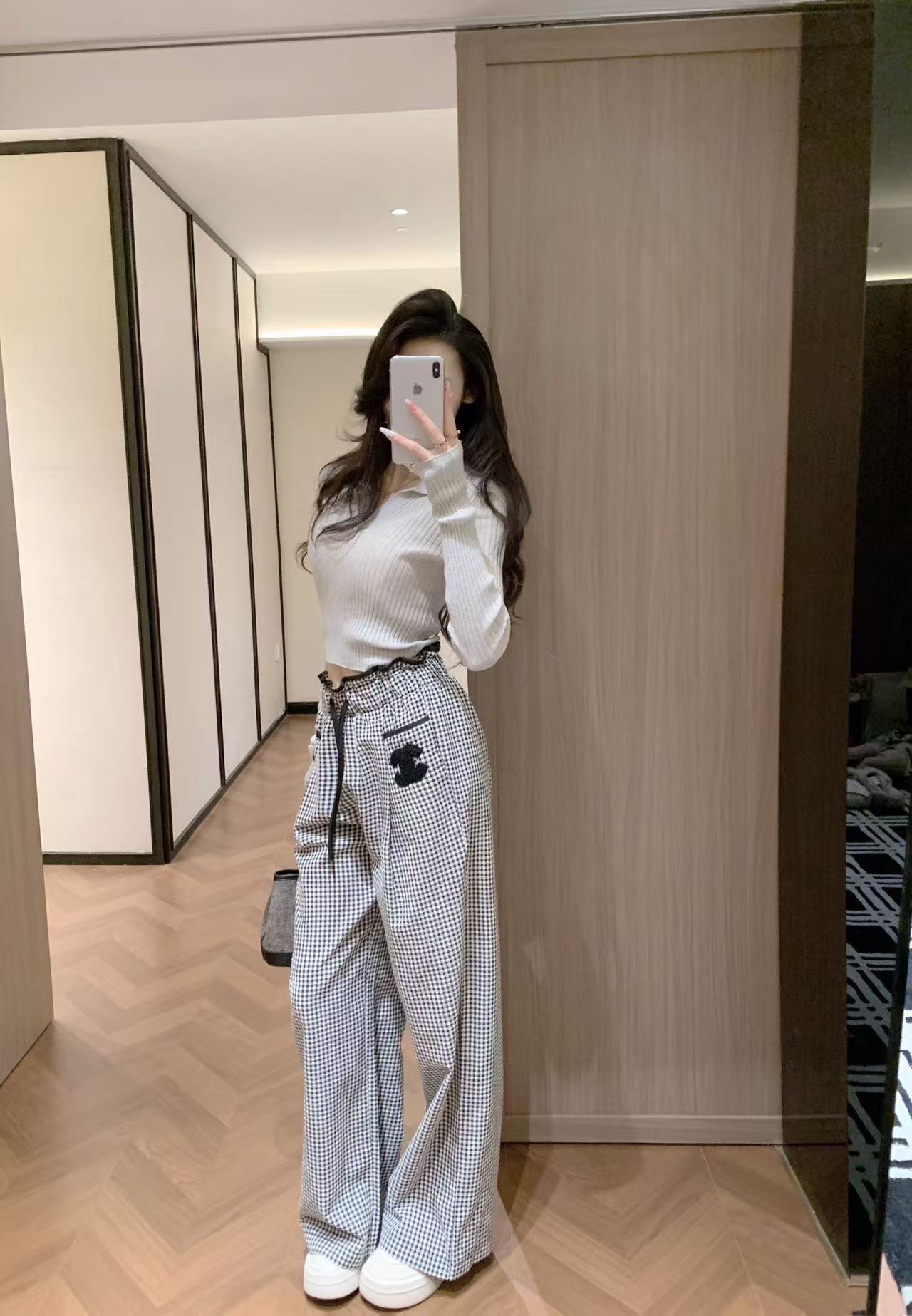 CHANE1 ダブルC チェック ドローストリング カジュアルパンツ【50％割引+送料無料】