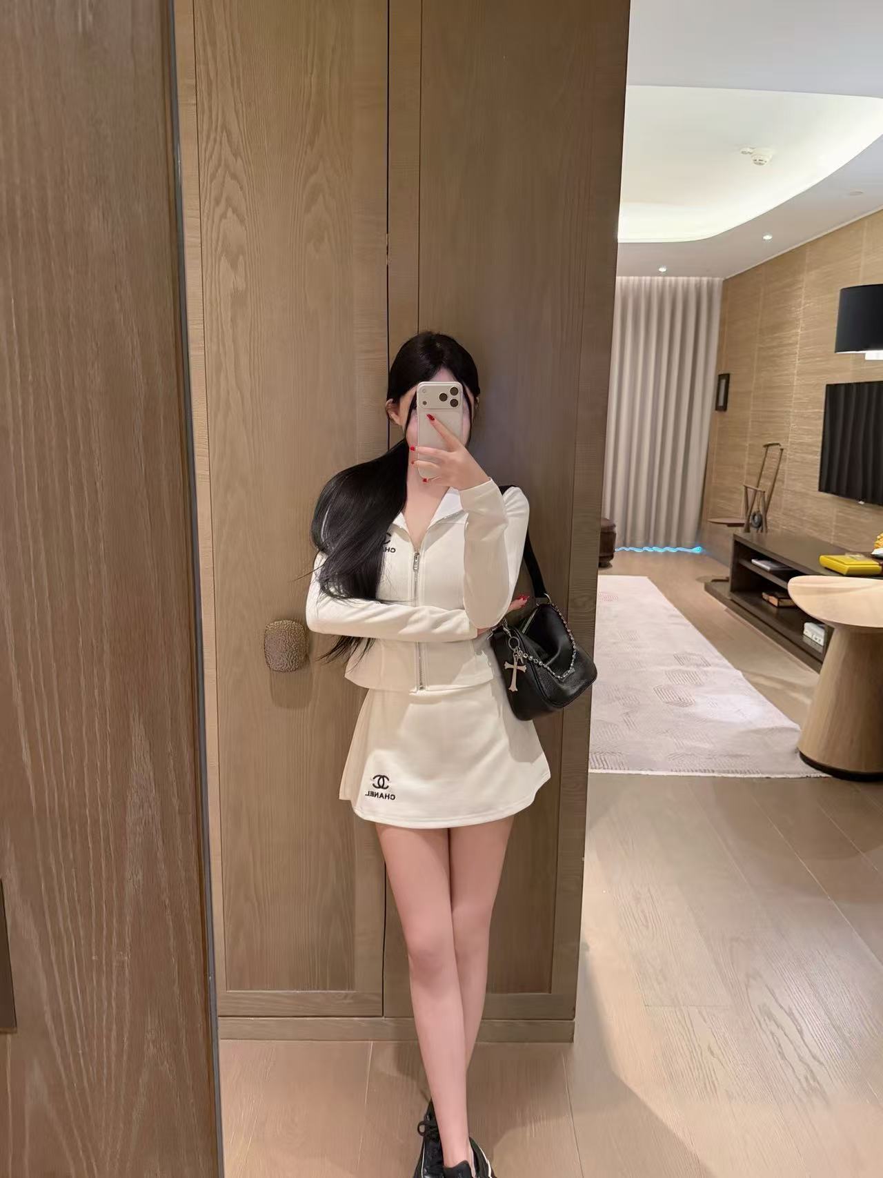 CHANE1 ダブルCジッパートップス+スカート ツーピースセット【50％割引+送料無料】