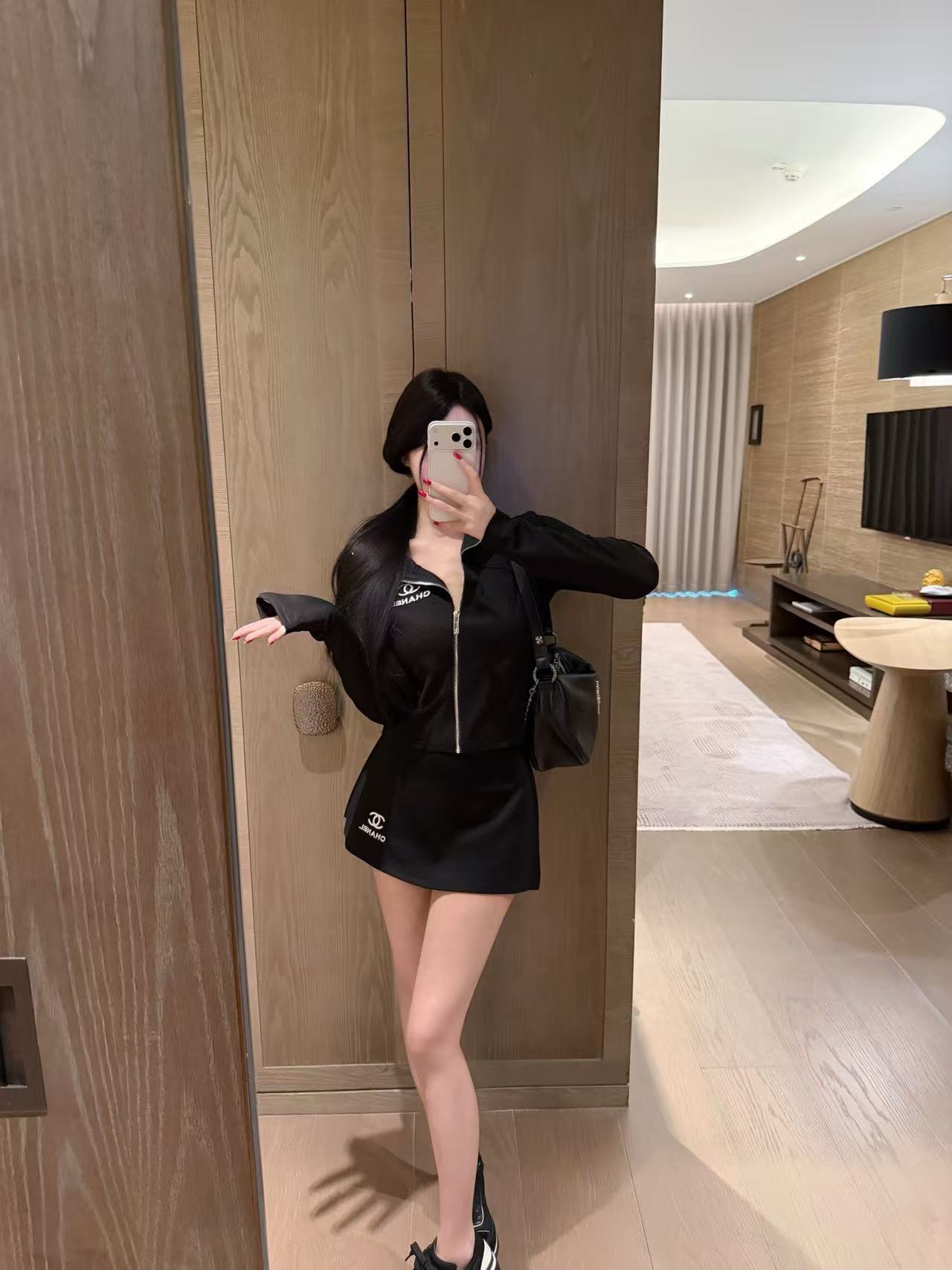 CHANE1 ダブルCジッパートップス+スカート ツーピースセット【50％割引+送料無料】