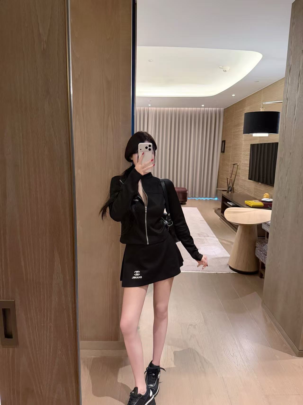 CHANE1 ダブルCジッパートップス+スカート ツーピースセット【50％割引+送料無料】