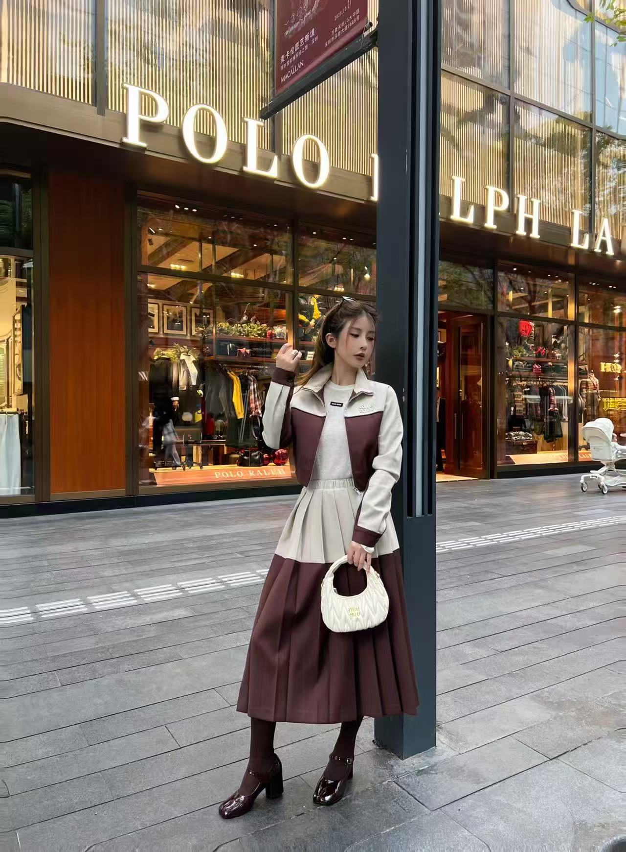 M1UM1U カラーブロックジャケット+スカート ツーピースセット【50％割引+送料無料】