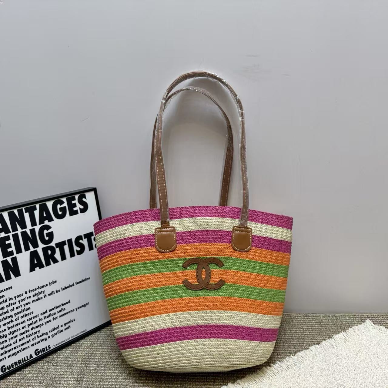 CHANE1 ダブルC カラーブロック ウーブンバッグ【50%割引+送料無料】