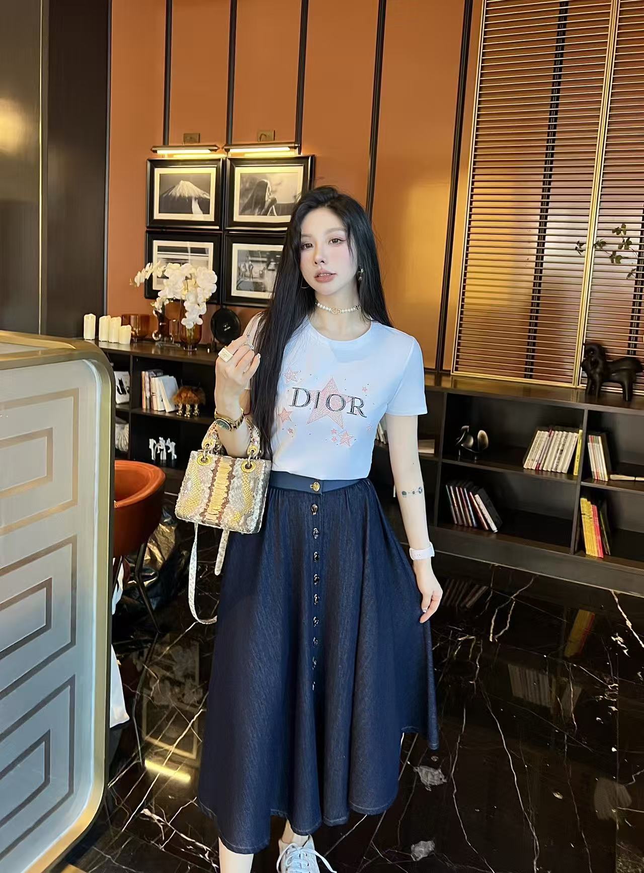 DIOR エンブロイダリーレターTシャツ + スカート ツーピースセット【50％割引+送料無料】