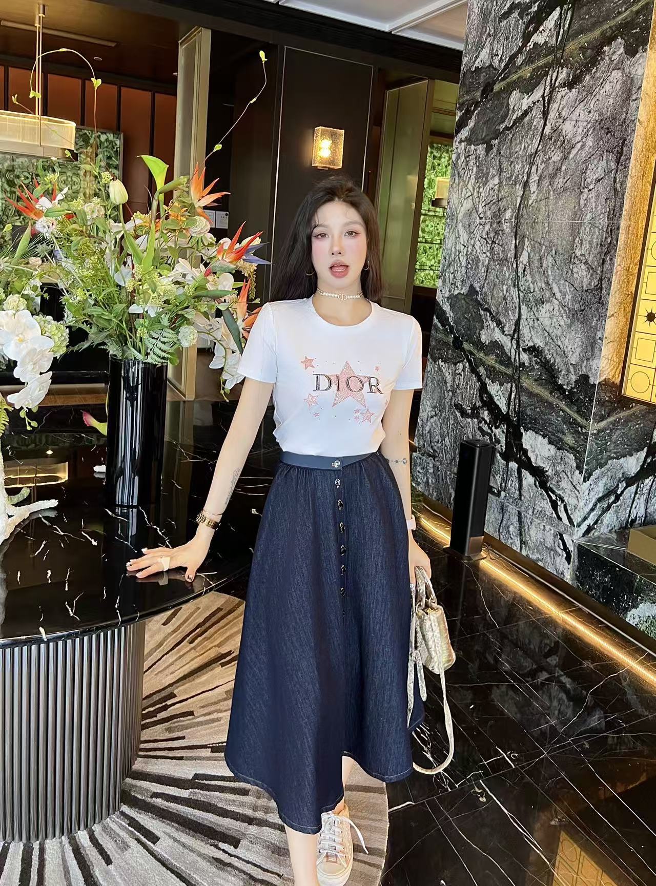 DIOR エンブロイダリーレターTシャツ + スカート ツーピースセット【50％割引+送料無料】