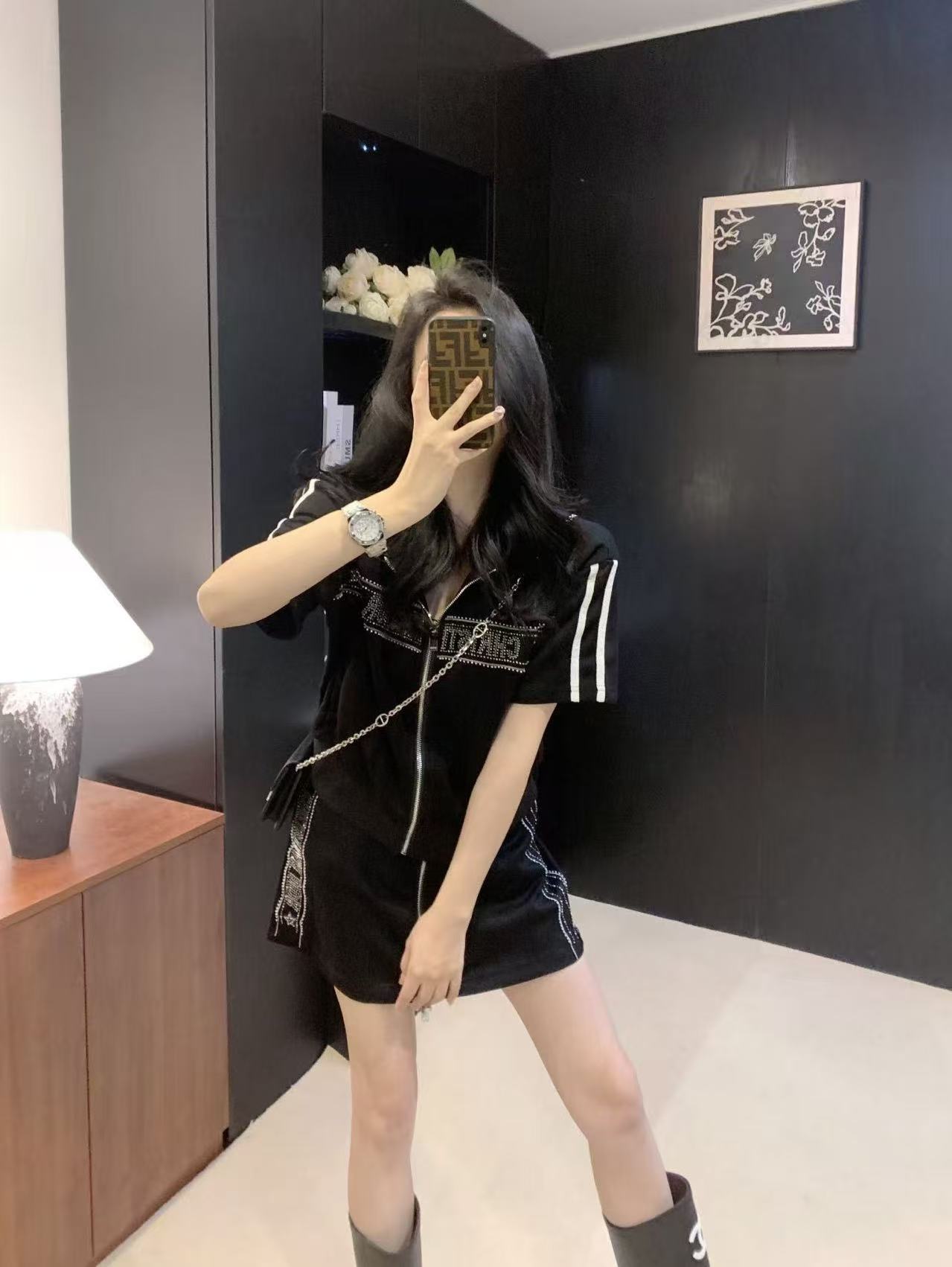 DIOR ラインストーン ジッパー ジャケット + スカート ツーピース セット【50％割引+送料無料】