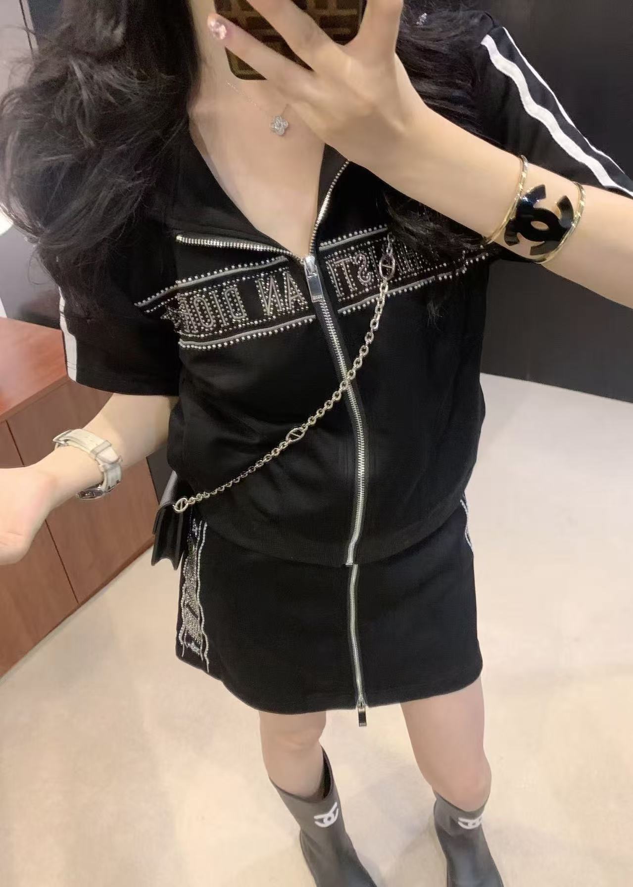 DIOR ラインストーン ジッパー ジャケット + スカート ツーピース セット【50％割引+送料無料】