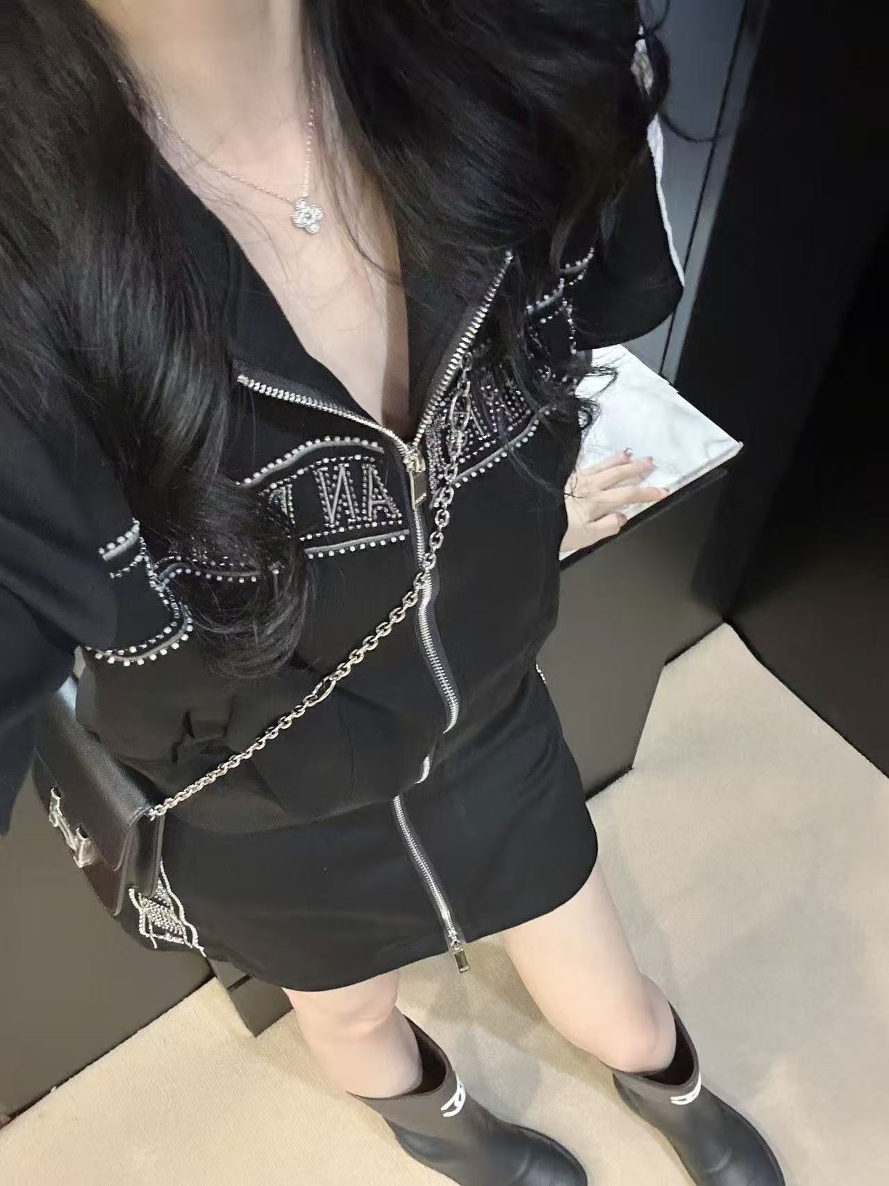 DIOR ラインストーン ジッパー ジャケット + スカート ツーピース セット【50％割引+送料無料】