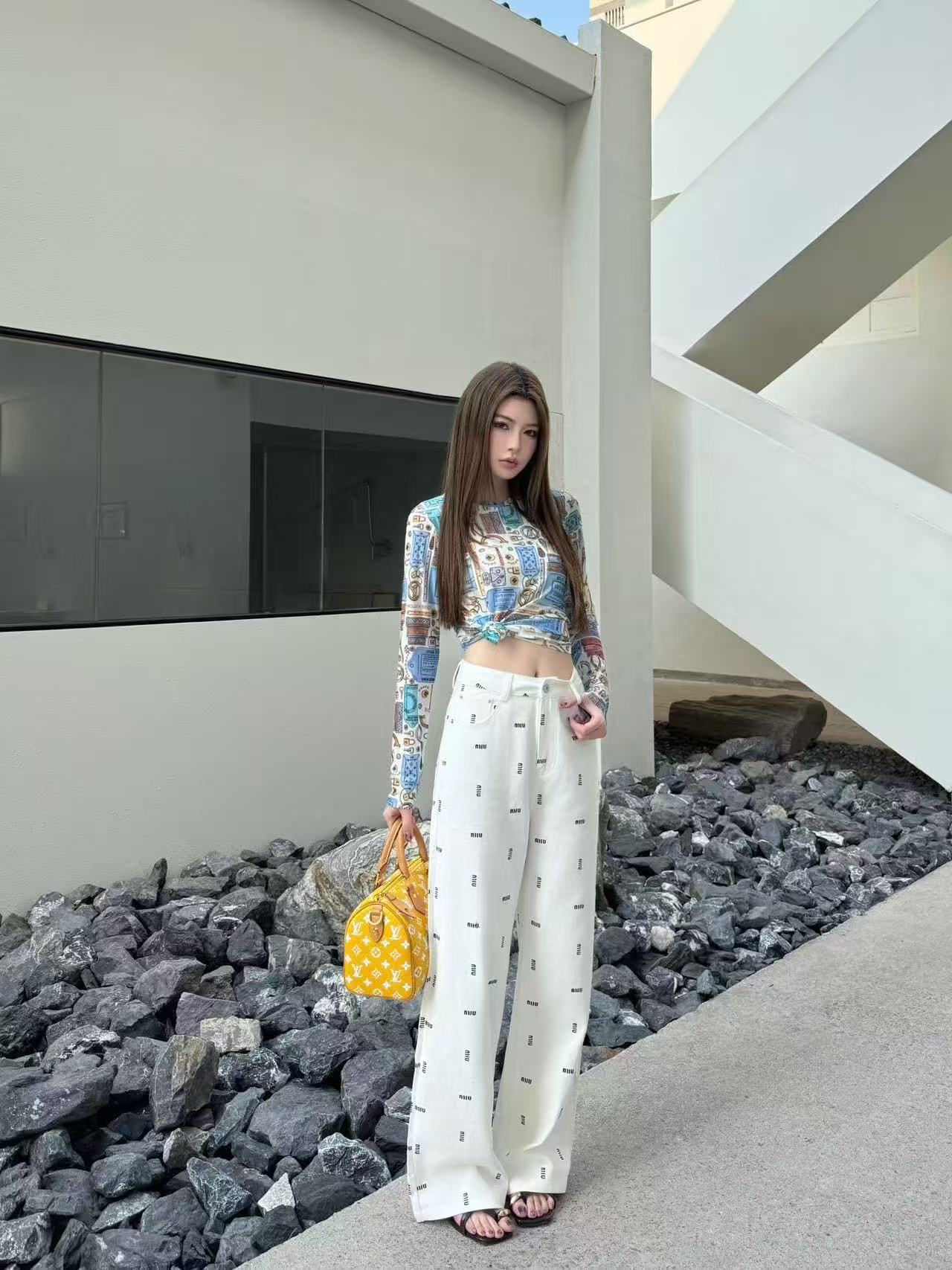 LVプリントメッシュトップスとパンツのツーピースセット【50％割引+送料無料】