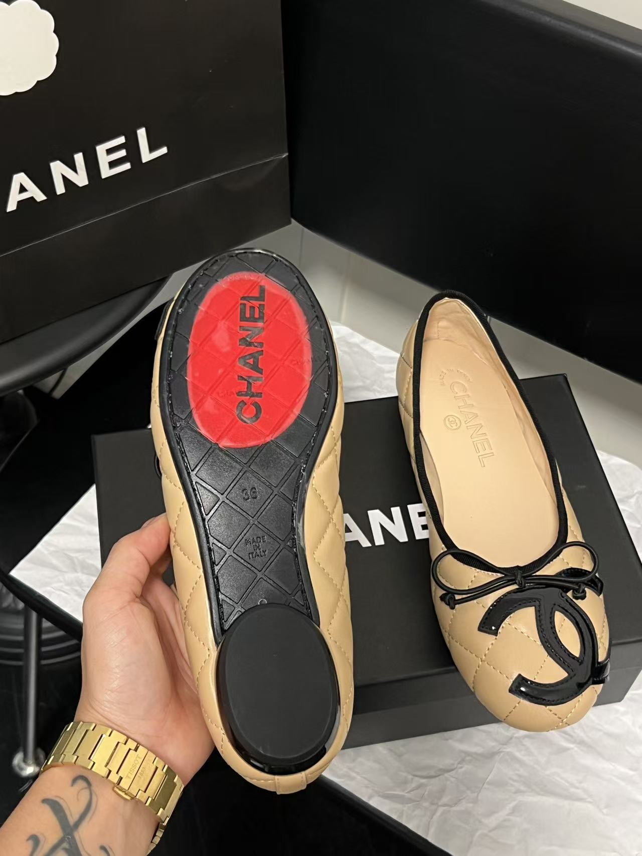 CHANE1 ダブルCチェック柄フラットシューズ【50％割引+送料無料】