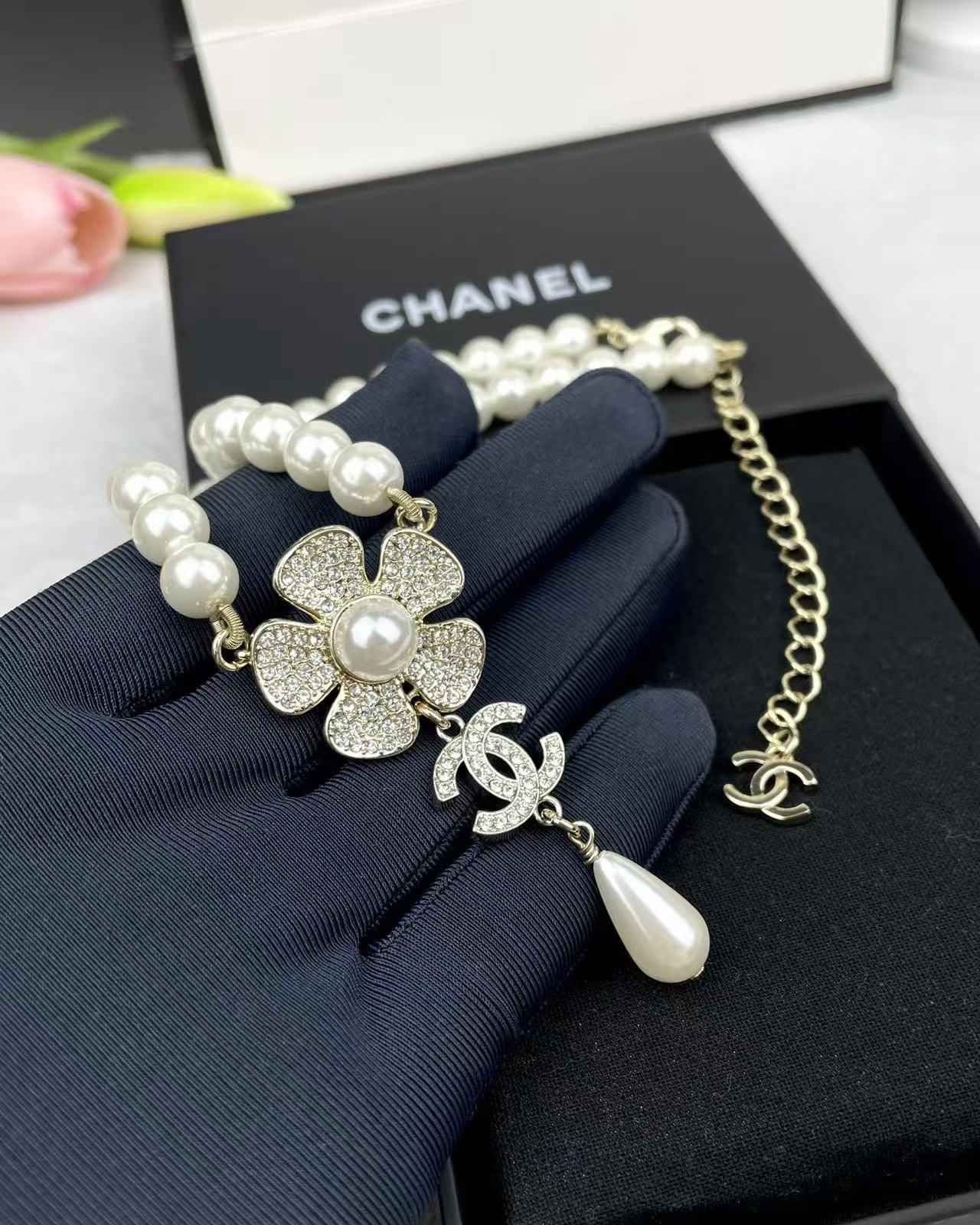 CHANE1 フラワーダブルCパールダイヤモンドネックレス【50％割引+送料無料】