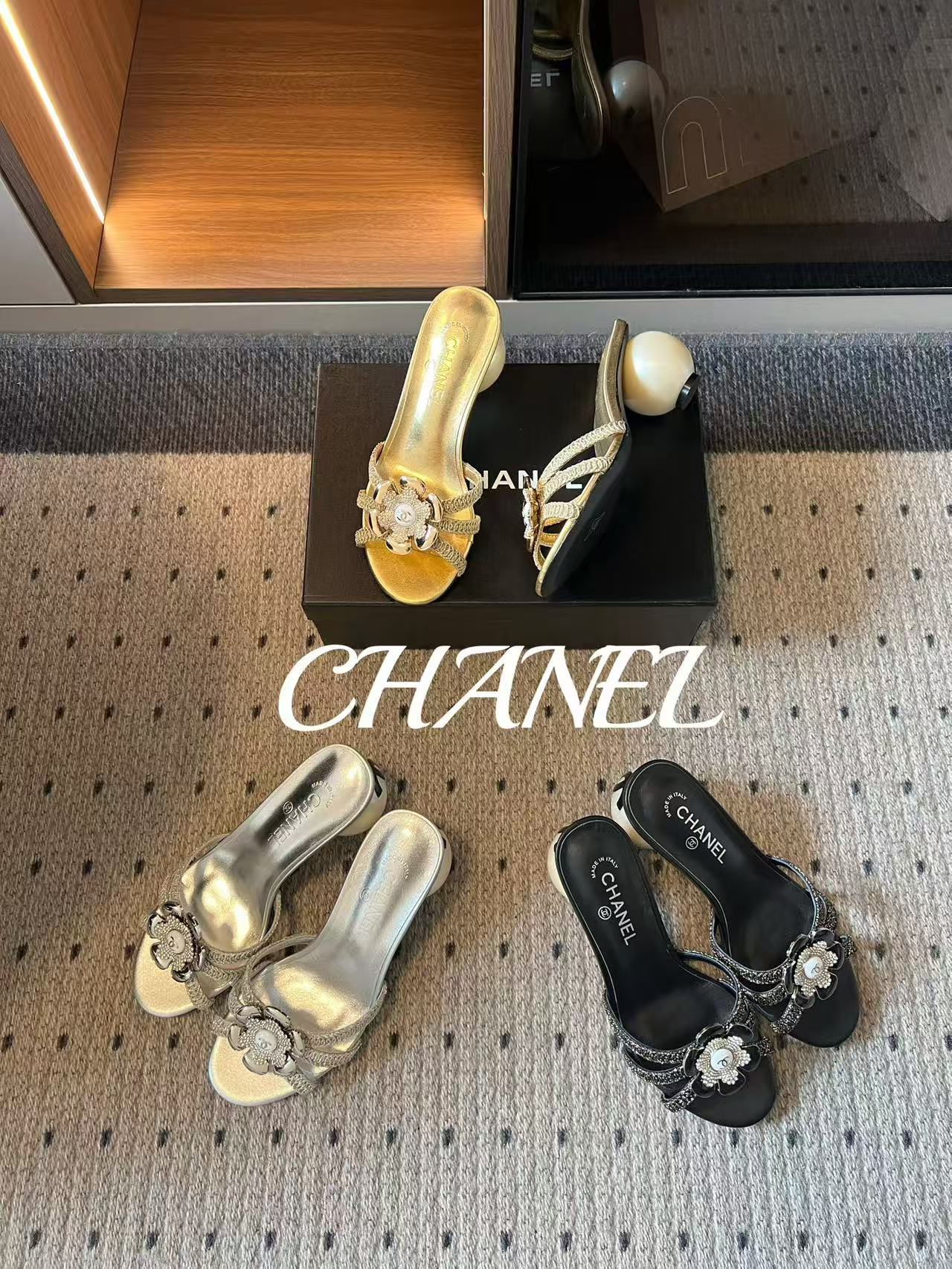 CHANE1 高品質ダブルCパールハイヒールスリッパ【50％割引+送料無料】
