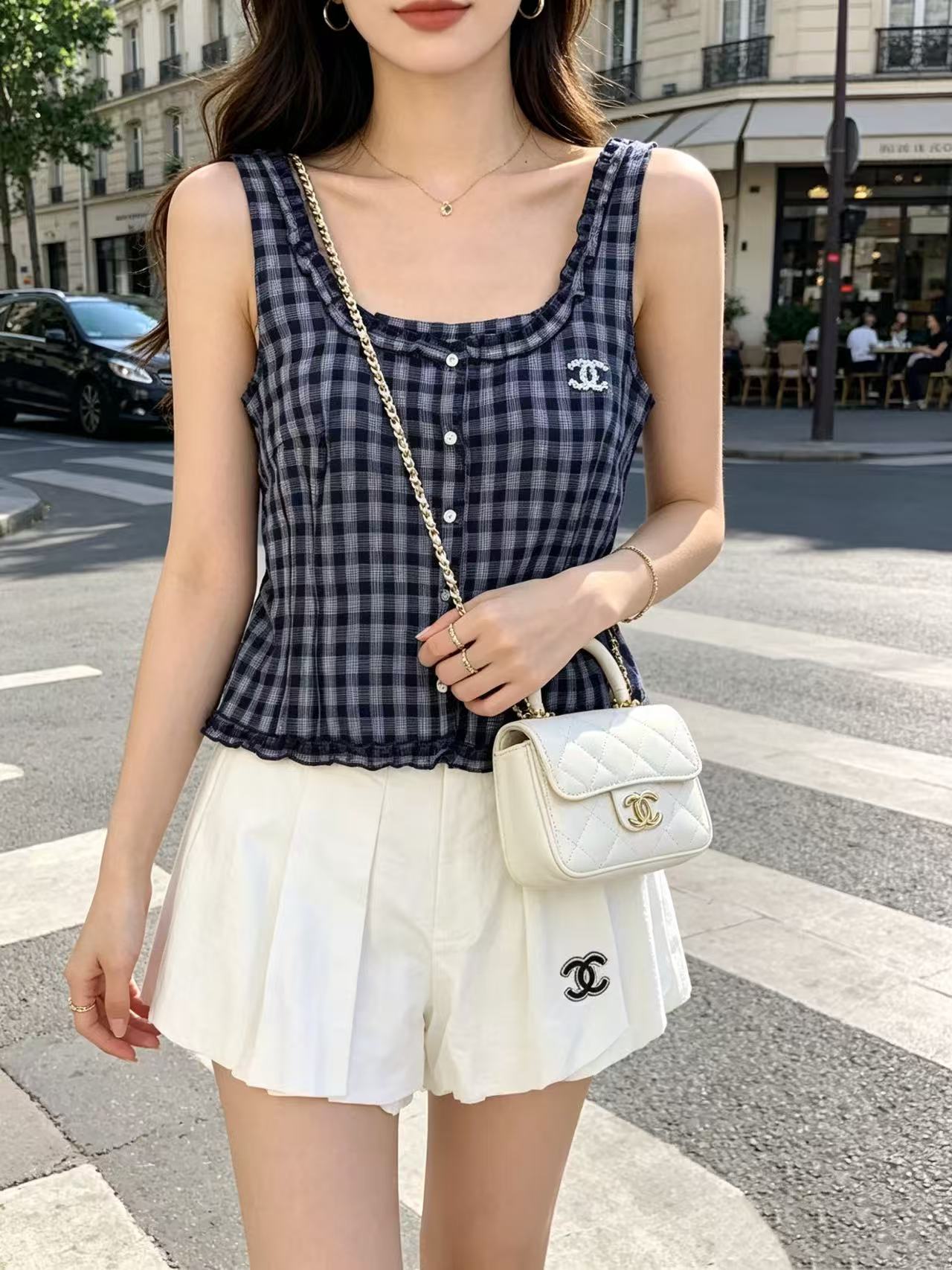 CHANE1 ダブルCチェック柄ベスト＋ショートパンツ ツーピースセット【50％割引+送料無料】