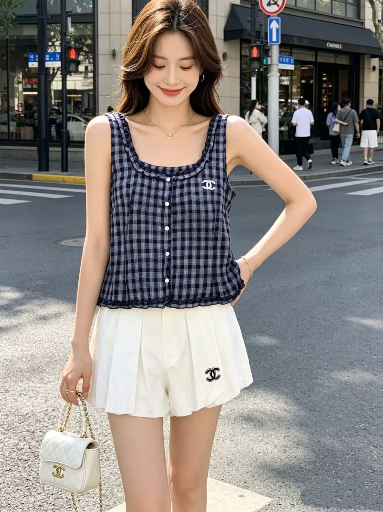 CHANE1 ダブルCチェック柄ベスト＋ショートパンツ ツーピースセット【50％割引+送料無料】