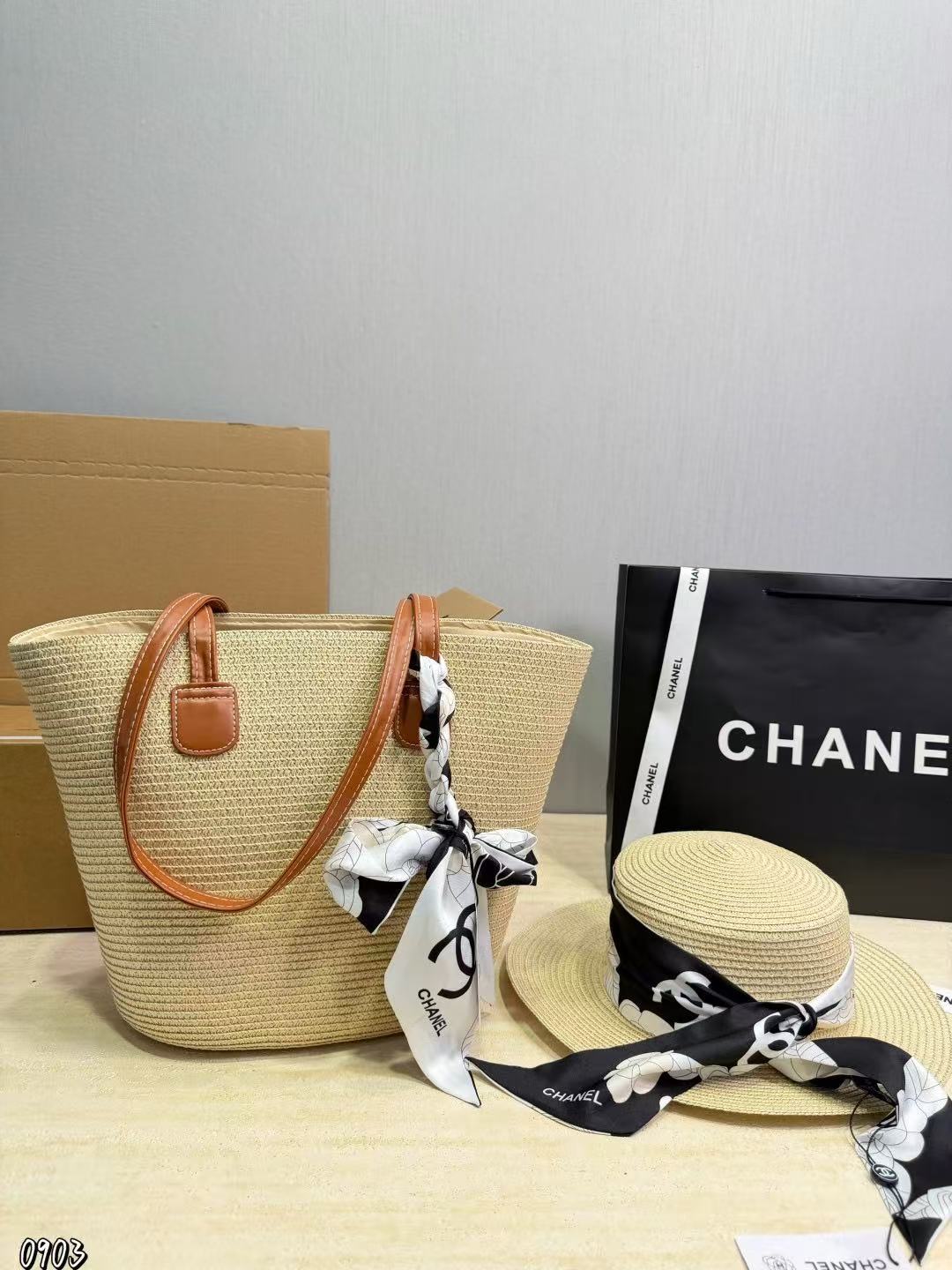 CHANE1 ストローハット＋ストローバッグ ツーピースセット【50％割引+送料無料】