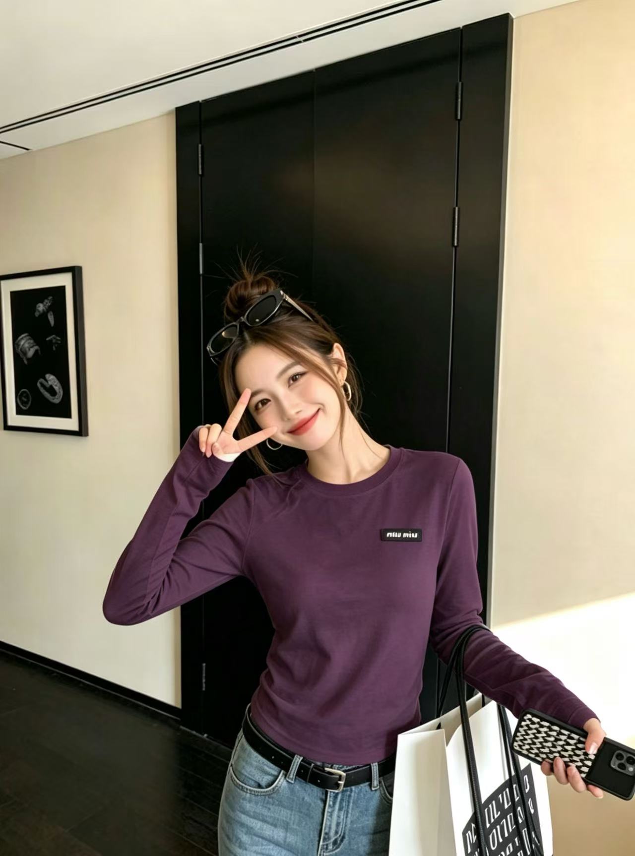 M1UM1U シンプルレター長袖Tシャツ【50％割引+送料無料】