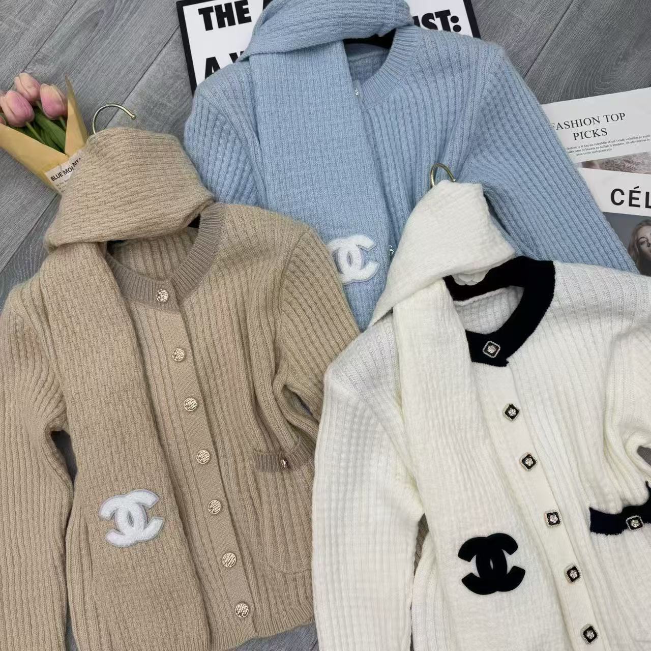 CHANE1 ダブルCスカーフ＋カーディガン ツーピースセット【50％割引+送料無料】