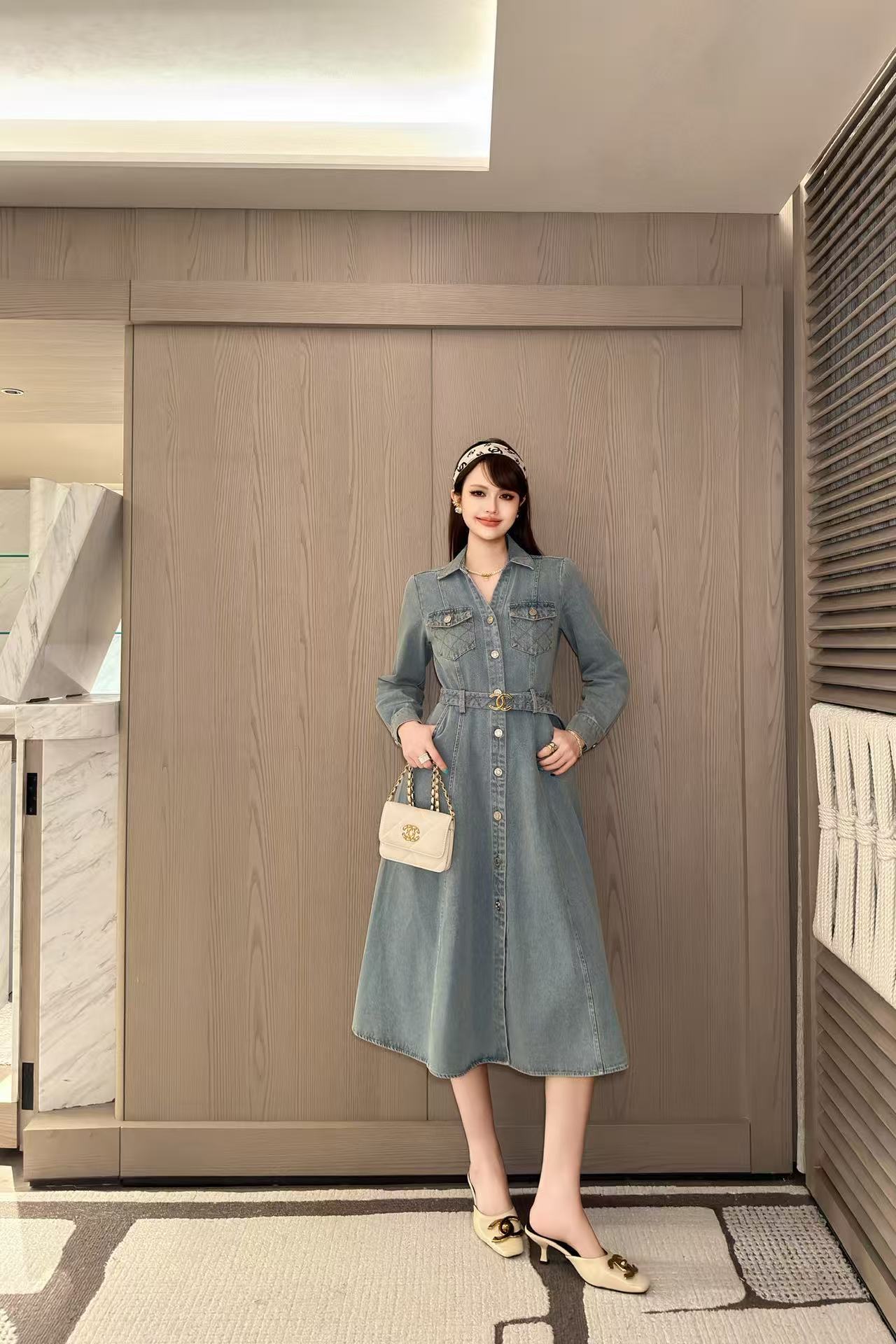 CHANEL ダブルC デニム長袖ワンピース【50％割引+送料無料】