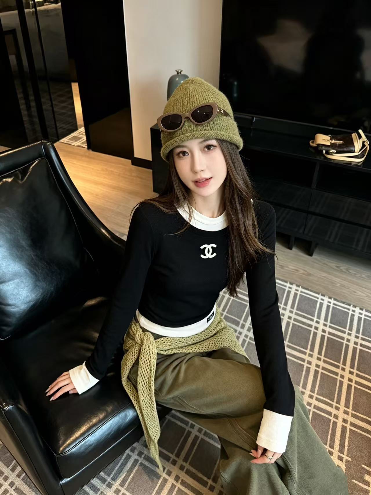 CHANE1 ダブルC カラーブロック 長袖Tシャツ【50％割引+送料無料】