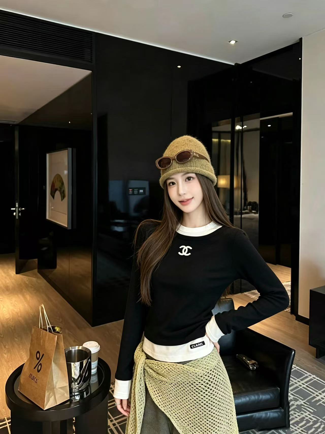 CHANE1 ダブルC カラーブロック 長袖Tシャツ【50％割引+送料無料】