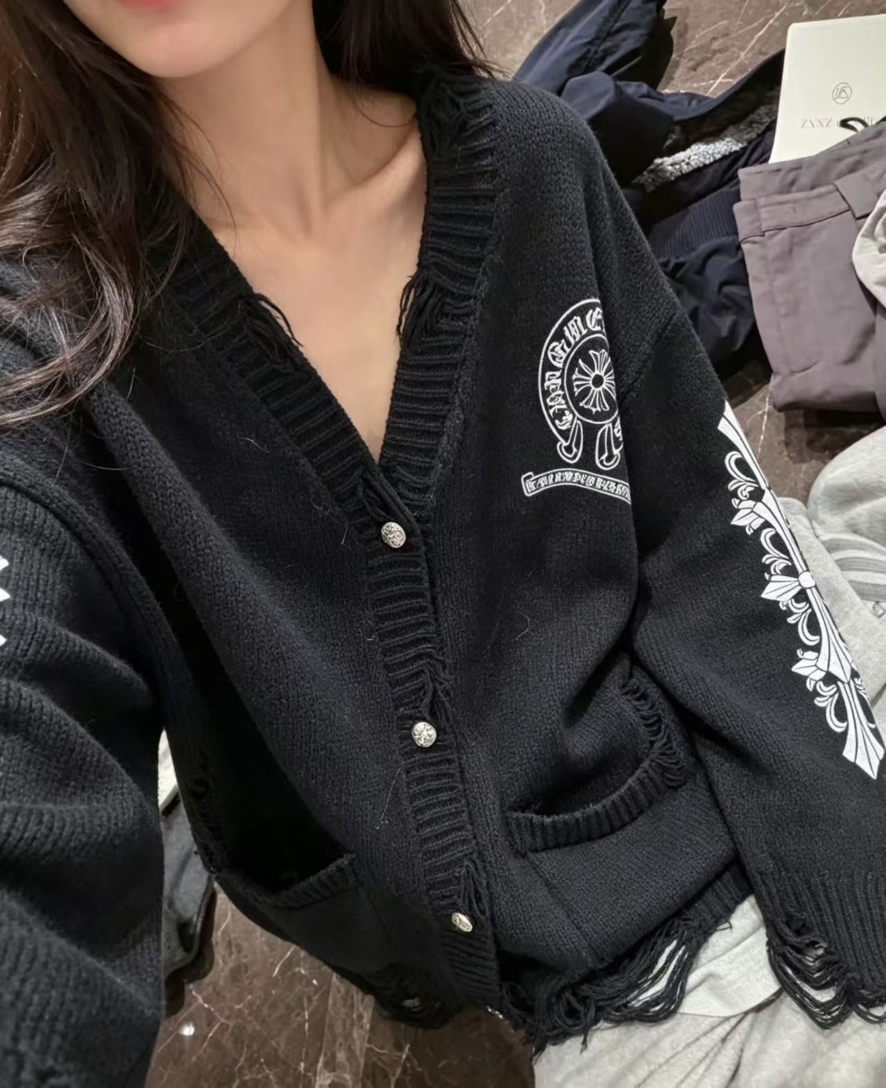 Chrome Hearts サンスクリット文字 ダメージ加工 ウールカーディガン【50%割引+送料無料】
