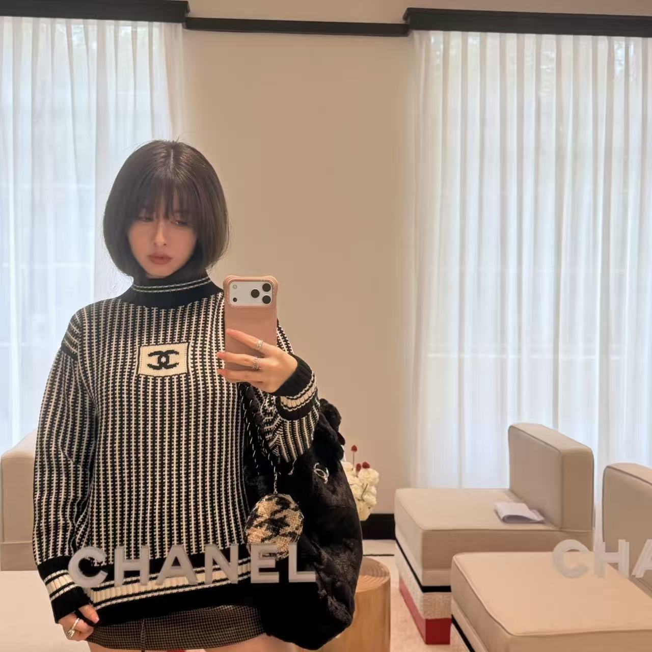 CHANEL ダブルC ストライプ ウールセーター【50％割引+送料無料】