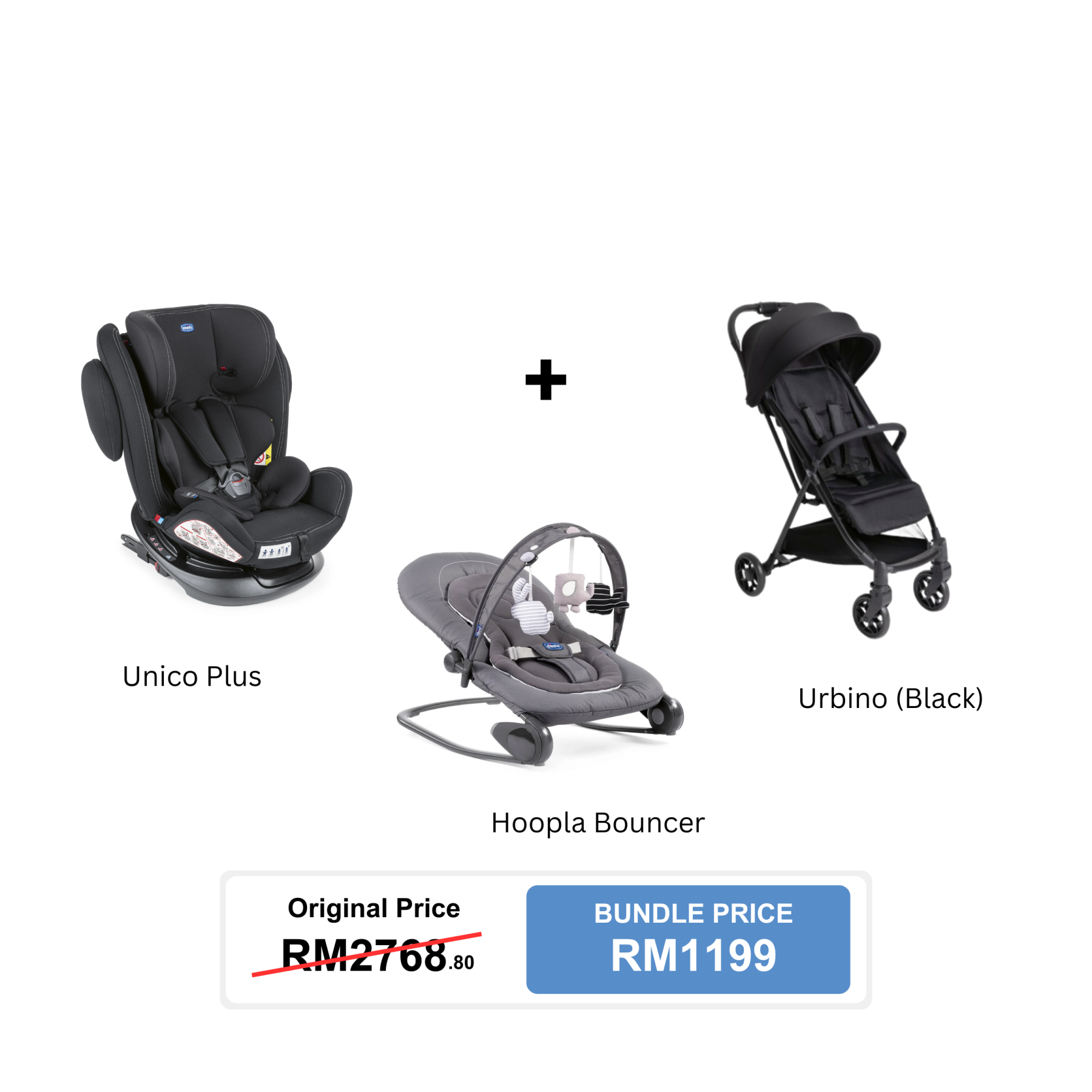 [Bundle Set] Chicco Unico Plus Car Seat + Chicco Urbino Stroller + Chicco Hoopla Bouncer