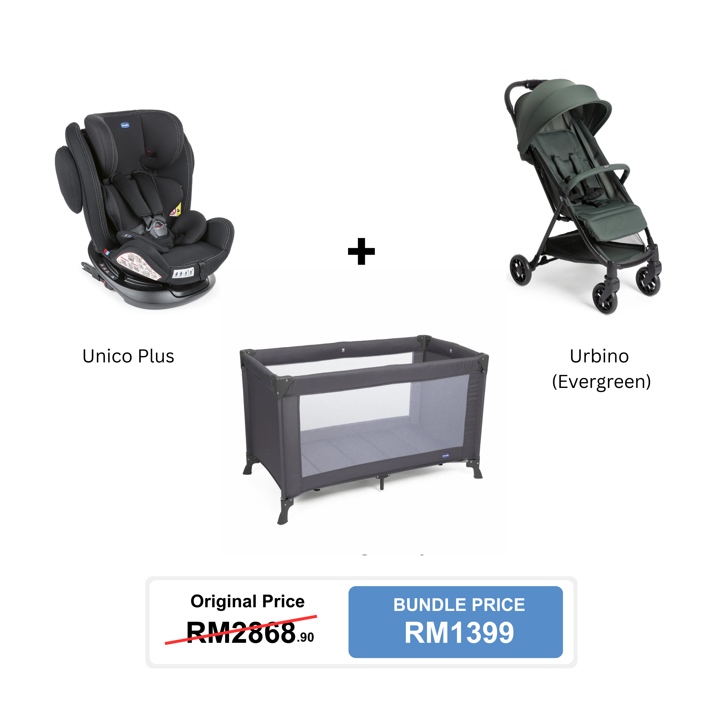 [Bundle Set] Chicco Unico Plus Car Seat + Chicco Urbino Stroller + Chicco Hoopla Bouncer