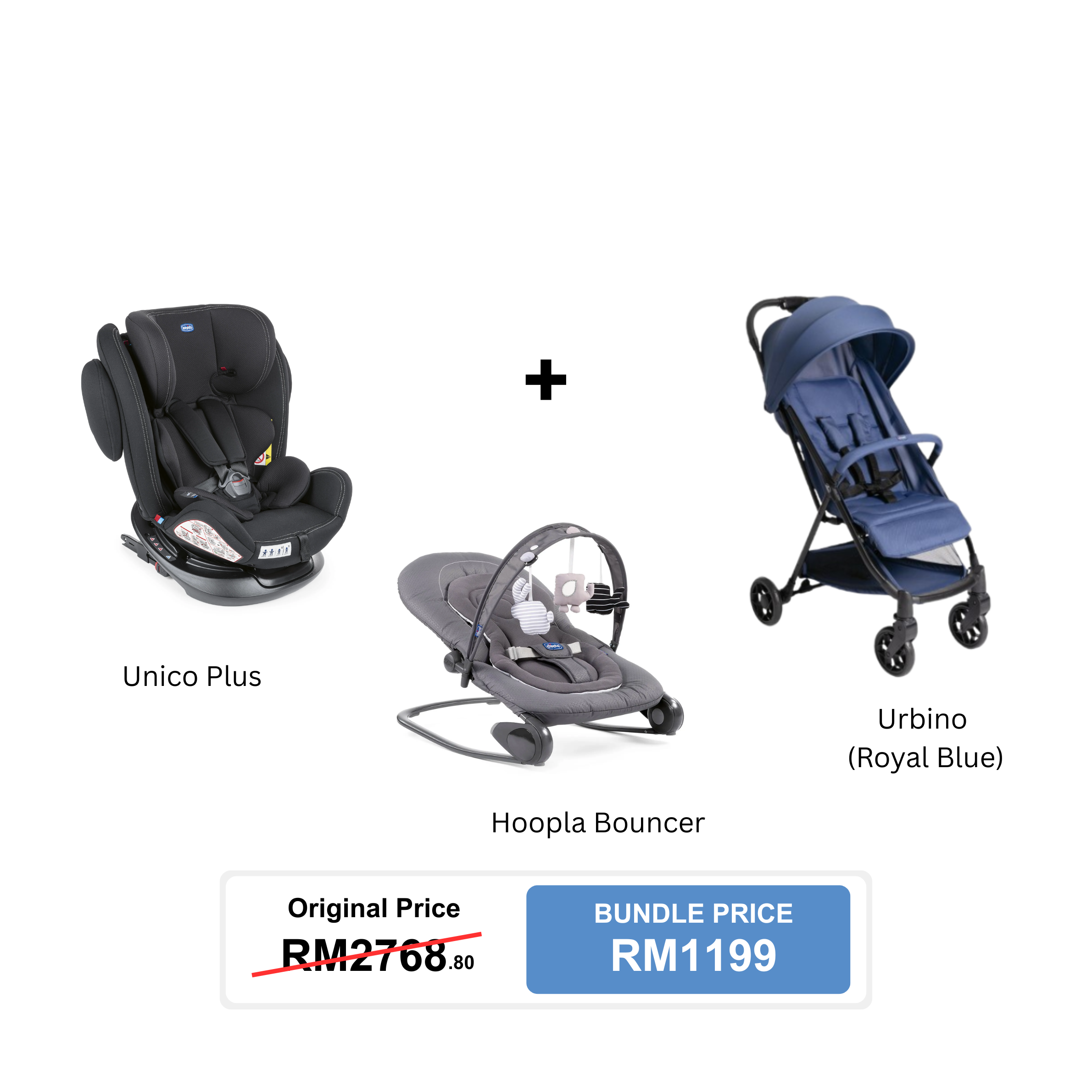 [Bundle Set] Chicco Unico Plus Car Seat + Chicco Urbino Stroller + Chicco Hoopla Bouncer