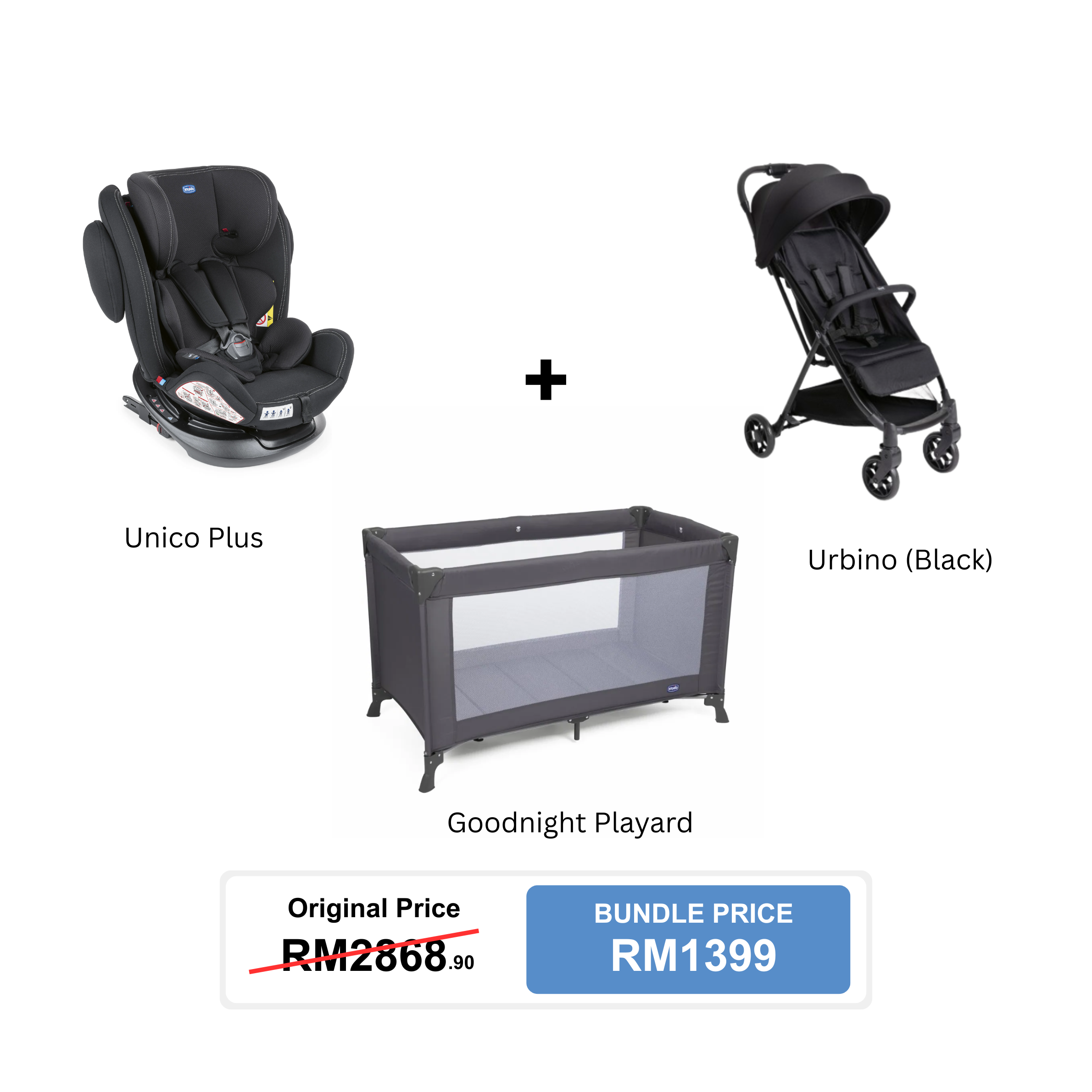 [Bundle Set] Chicco Unico Plus Car Seat + Chicco Urbino Stroller + Chicco Hoopla Bouncer