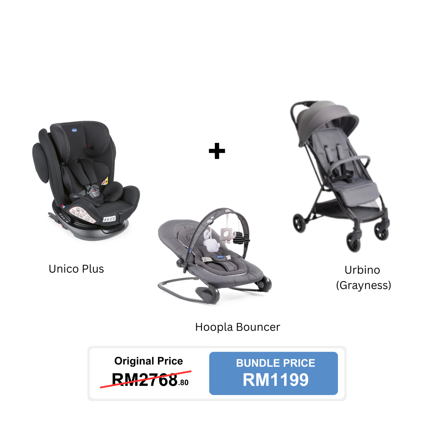 [Bundle Set] Chicco Unico Plus Car Seat + Chicco Urbino Stroller + Chicco Hoopla Bouncer
