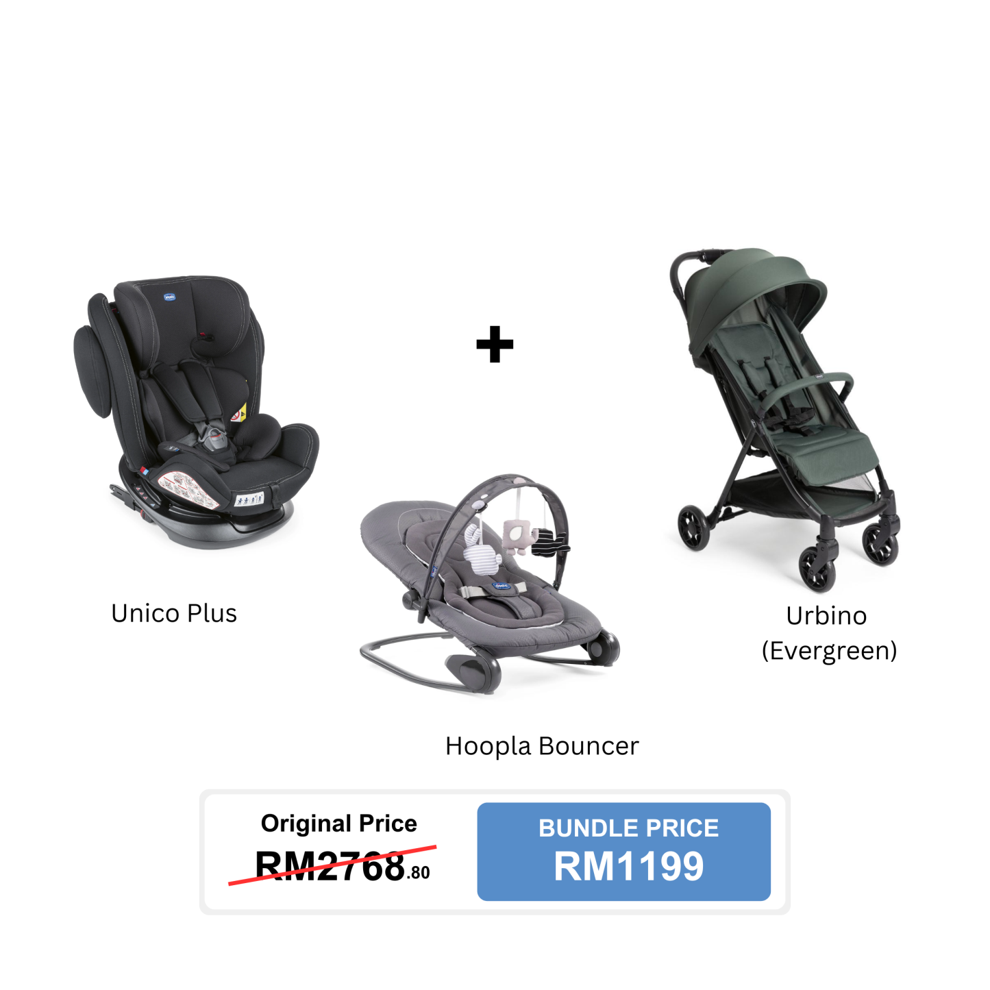 [Bundle Set] Chicco Unico Plus Car Seat + Chicco Urbino Stroller + Chicco Hoopla Bouncer