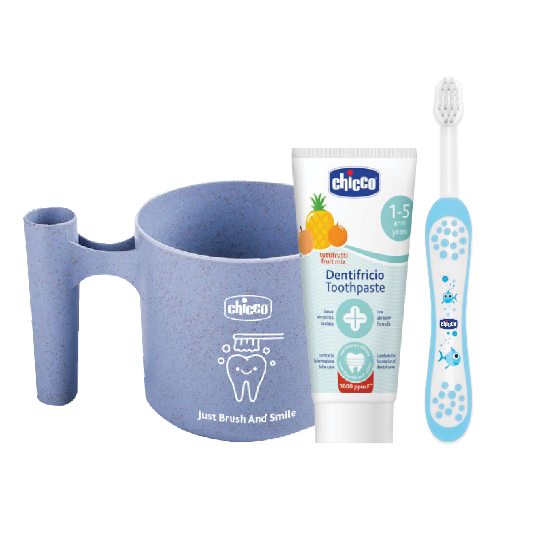 Chicco Oral Care Set (Blue Toothbrush + Toothpaste 50ml + Cup)