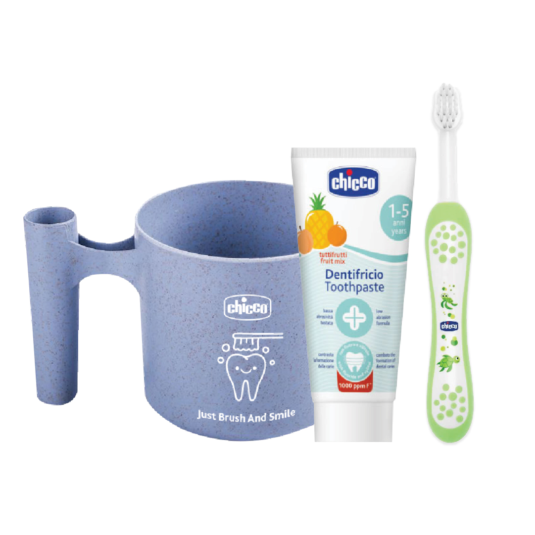 Chicco Oral Care Set (Green Toothbrush + Toothpaste 50ml + Blue Cup)