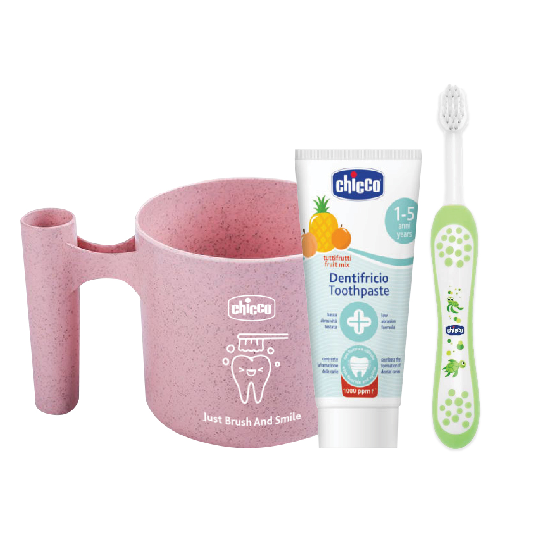 Chicco Oral Care Set (Green Toothbrush + Toothpaste 50ml + Pink Cup)