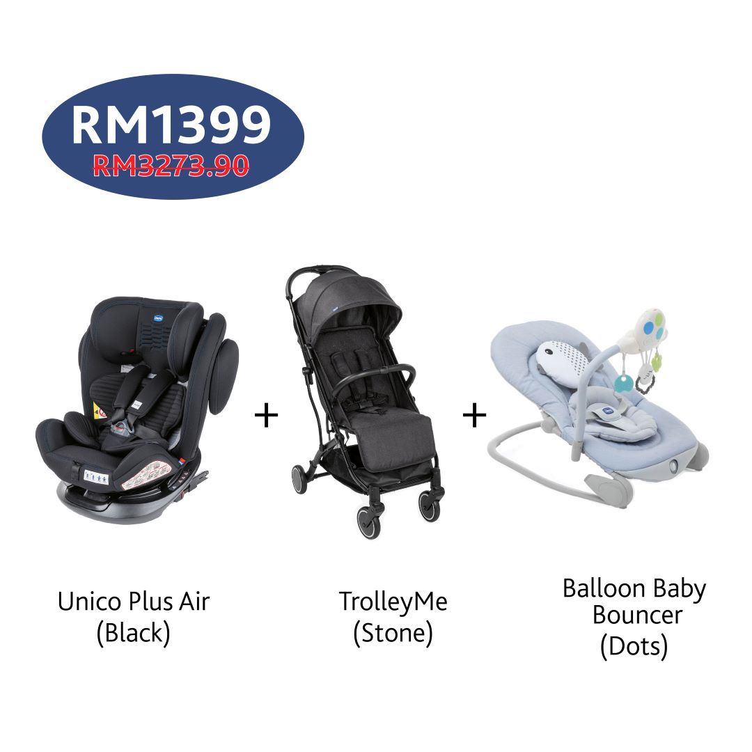 Unico Plus Air Car Seat + Trolleyme Stroller + Balloon Bouncer