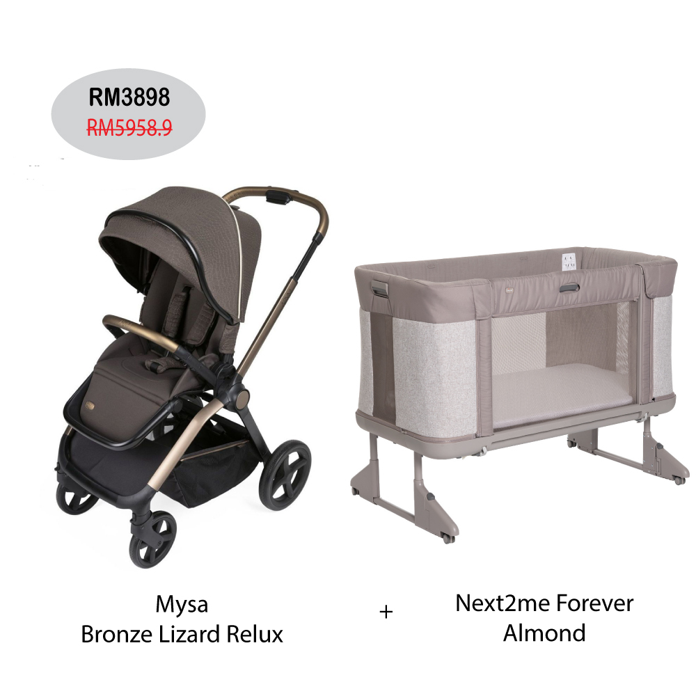 Next2me Forever Baby Crib + Mysa Bronze Lizard Relux Stroller